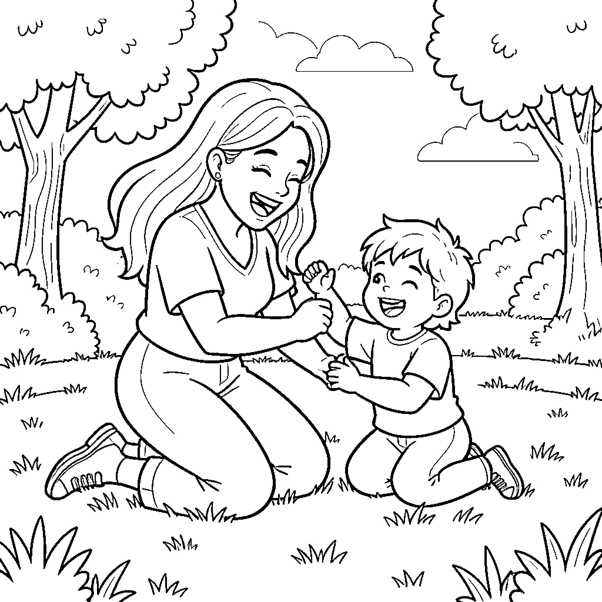 Mom bonding joyfully with her child outdoors Coloring Page (free black-and-white line drawing printable PDF for all, from beginners to advanced learners, including children, teens, adults, and seniors)