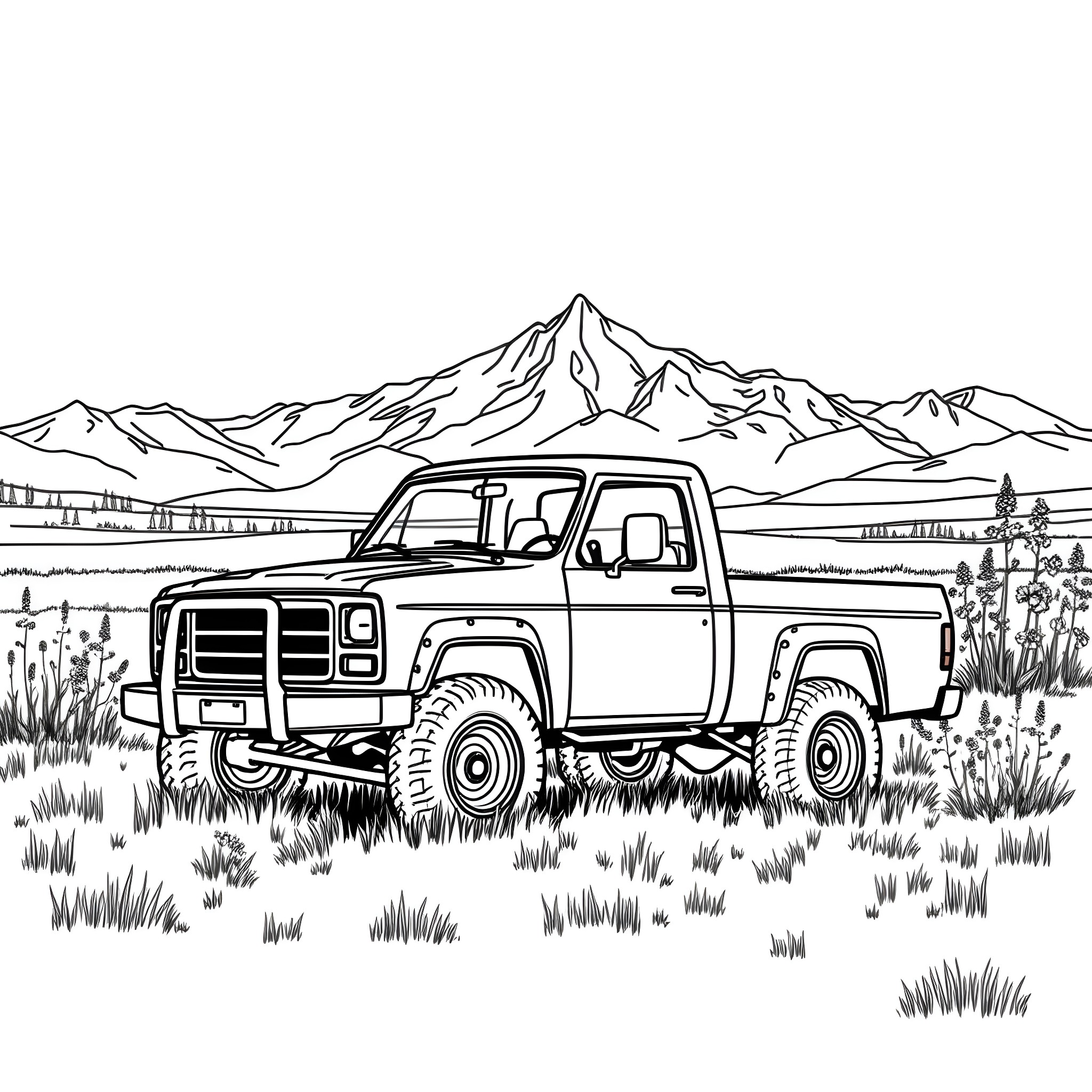 Pick Up Truck Exploring Rugged Mountain Terrain Coloring Page (free black-and-white line drawing printable PDF for all, from beginners to advanced learners, including children, teens, adults, and seniors)
