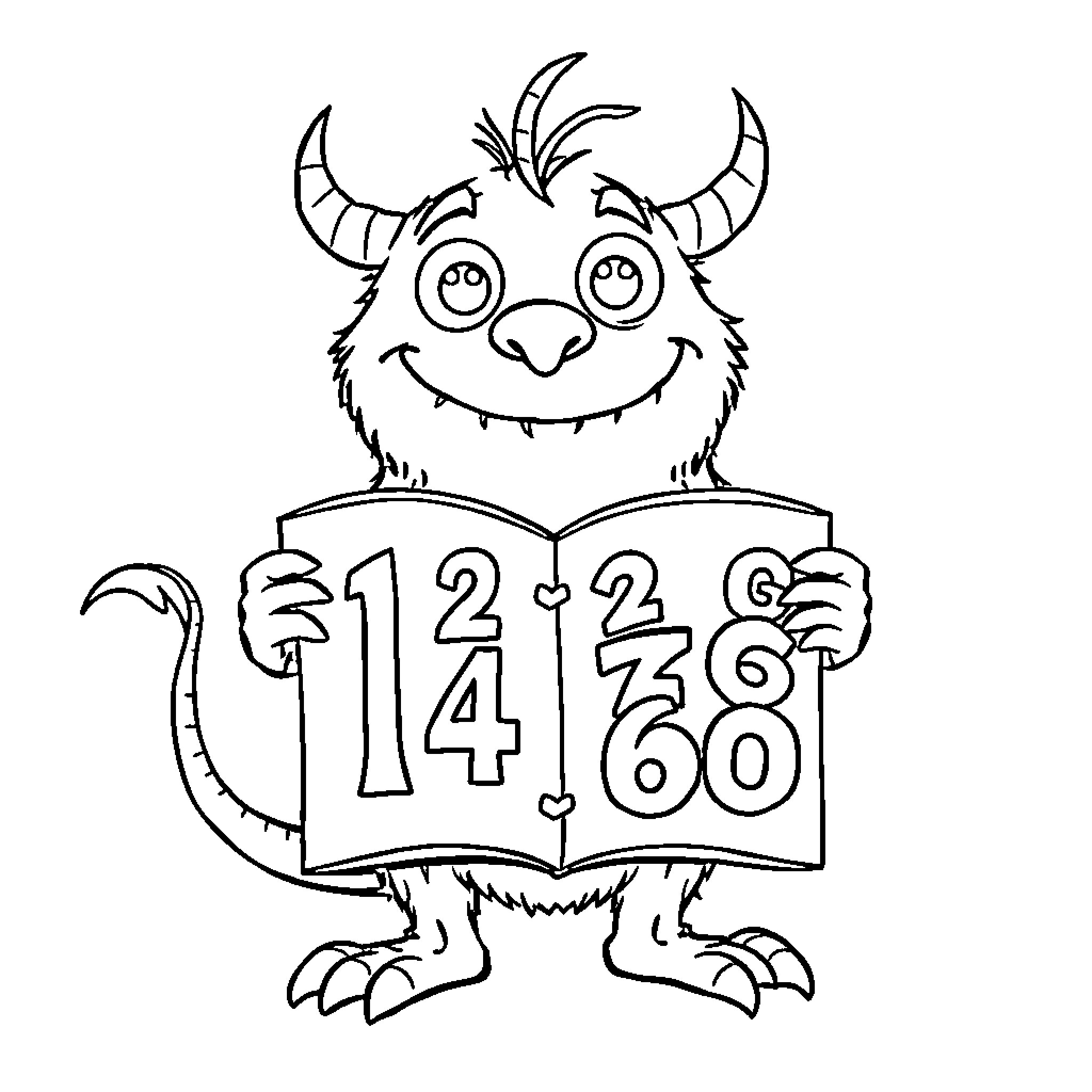 Monster happily reading numbers in a book Coloring Page (free black-and-white line drawing printable PDF for all, from beginners to advanced learners, including children, teens, adults, and seniors)