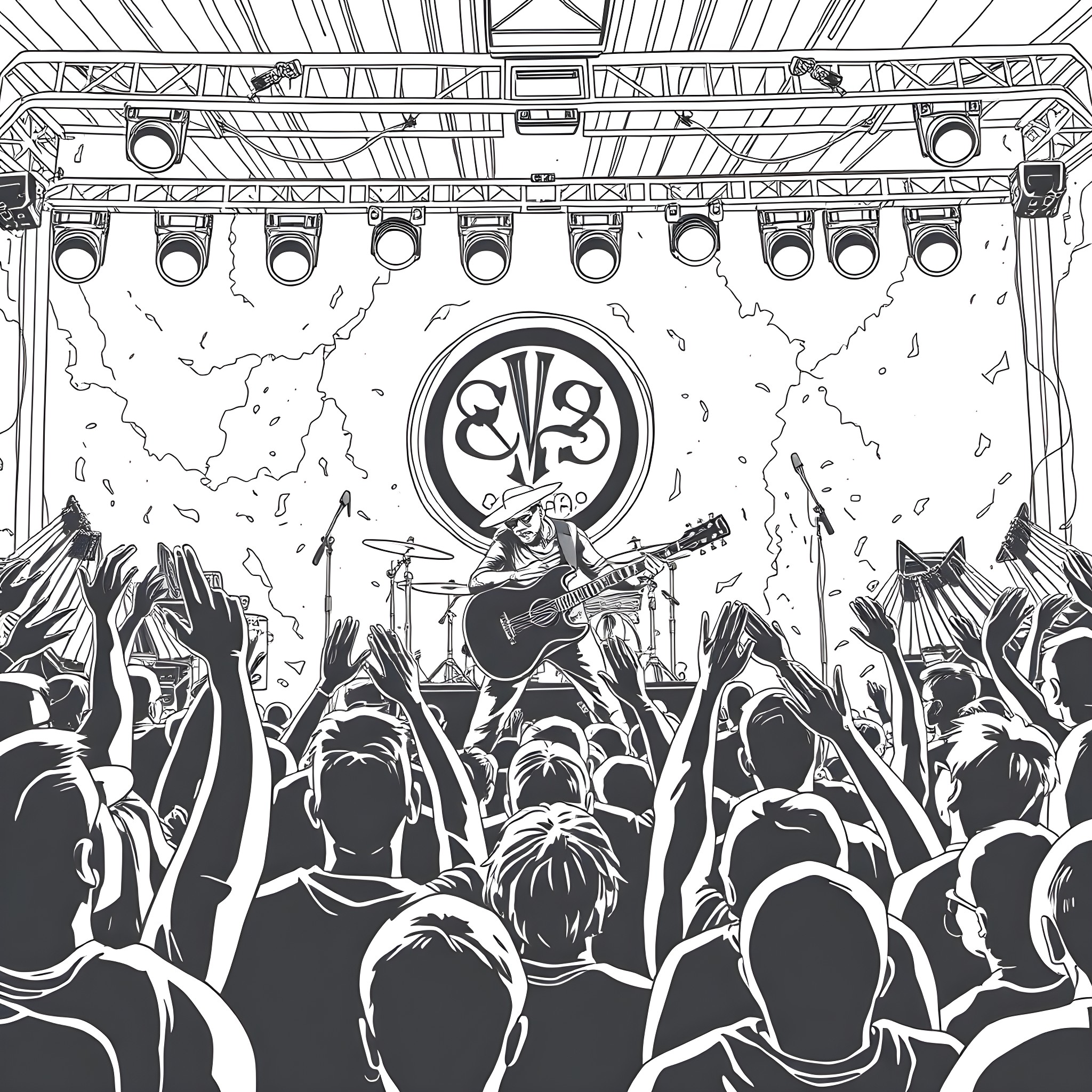 Linkin Park Live Performance on Stage Coloring Page (free black-and-white line drawing printable PDF for all, from beginners to advanced learners, including children, teens, adults, and seniors)