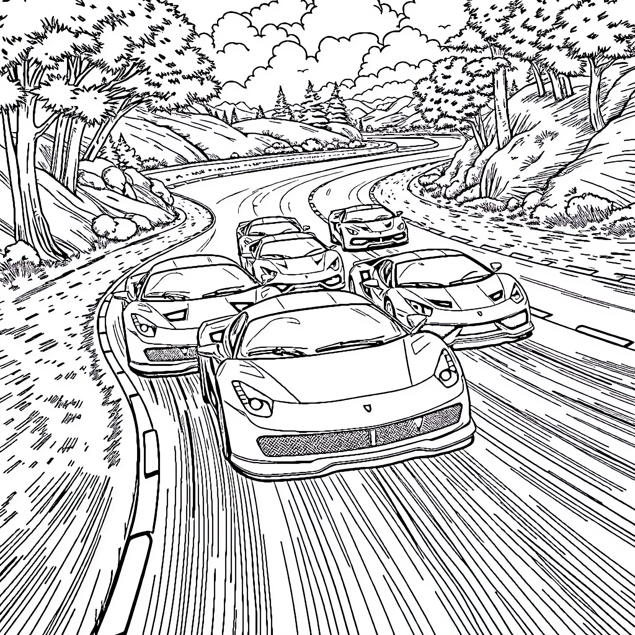 Sports Cars Racing on a Winding Road Coloring Page (free black-and-white line drawing printable PDF for all, from beginners to advanced learners, including children, teens, adults, and seniors)