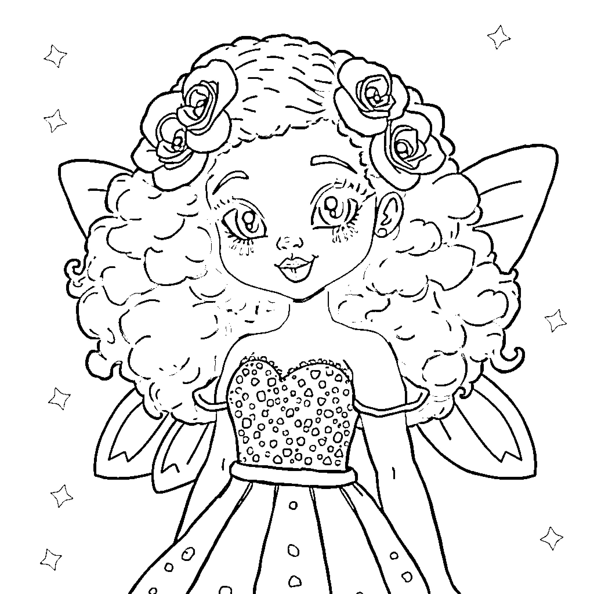 Fairy girl in flowery dress with wings Coloring Page (free black-and-white line drawing printable PDF for all, from beginners to advanced learners, including children, teens, adults, and seniors)