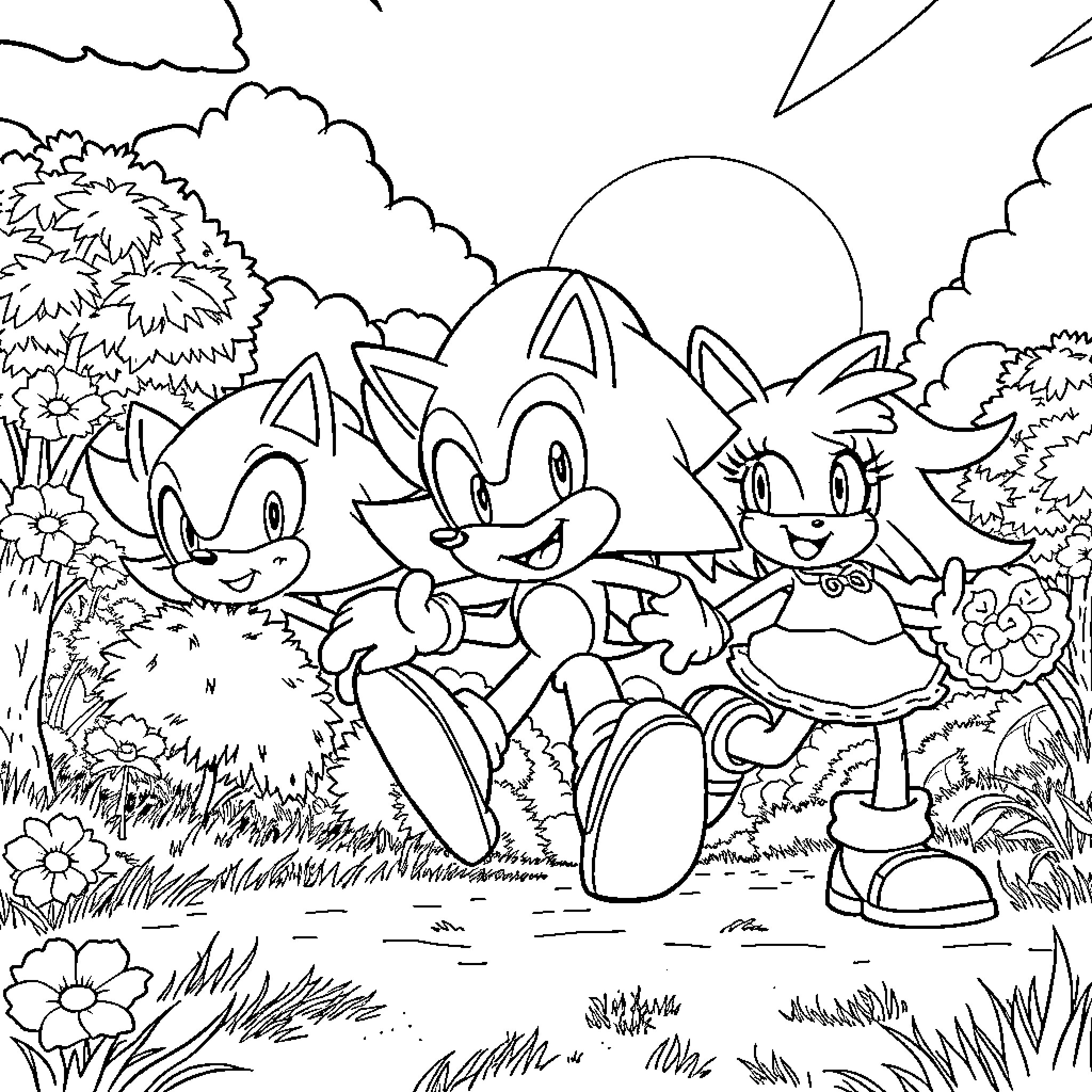 Sonic characters enjoying an outdoors adventure Coloring Page (free black-and-white line drawing printable PDF for all, from beginners to advanced learners, including children, teens, adults, and seniors)