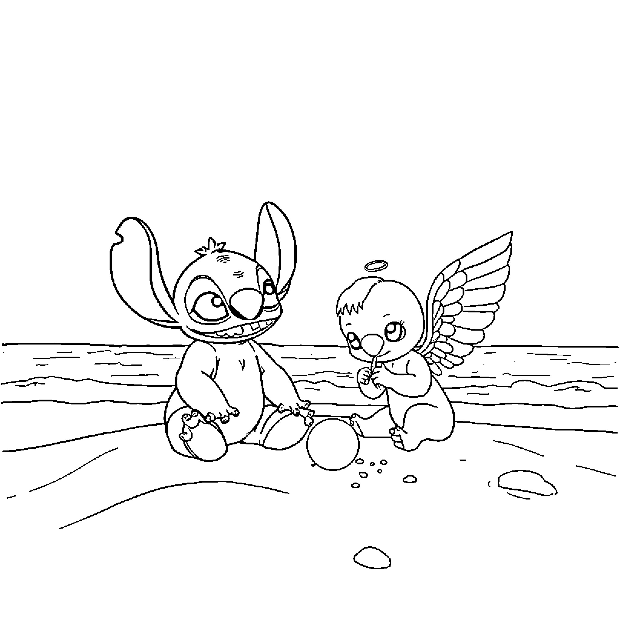 Stitch and Angel playing on the beach Coloring Page (free black-and-white line drawing printable PDF for all, from beginners to advanced learners, including children, teens, adults, and seniors)