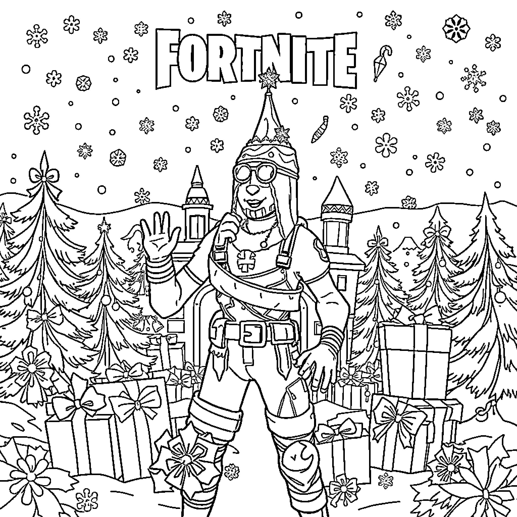 Fortnite character in wintry landscape with presents Coloring Page (free black-and-white line drawing printable PDF for all, from beginners to advanced learners, including children, teens, adults, and seniors)