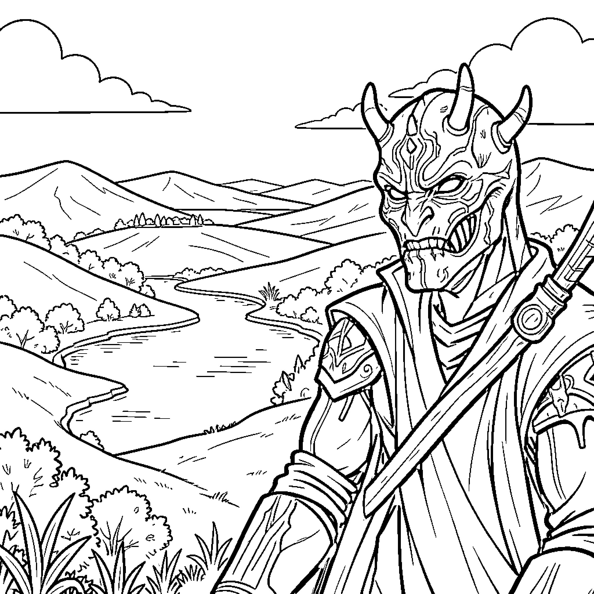 Darth Maul standing overlooking a vast river landscape Coloring Page (free black-and-white line drawing printable PDF for all, from beginners to advanced learners, including children, teens, adults, and seniors)