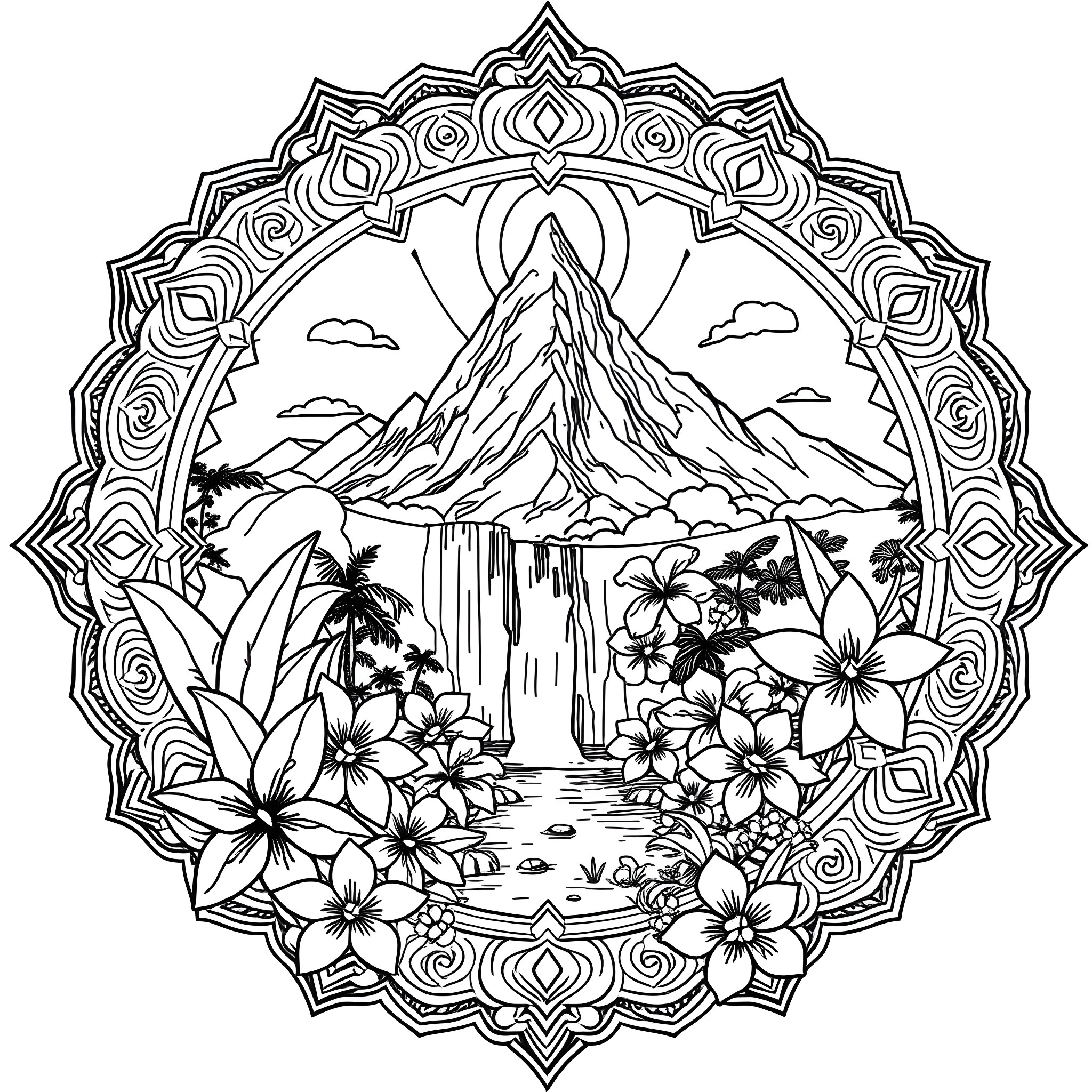 Mandala depicting a serene landscape with mountains, waterfall, and tropical flowers Coloring Page (free black-and-white line drawing printable PDF for all, from beginners to advanced learners, including children, teens, adults, and seniors)