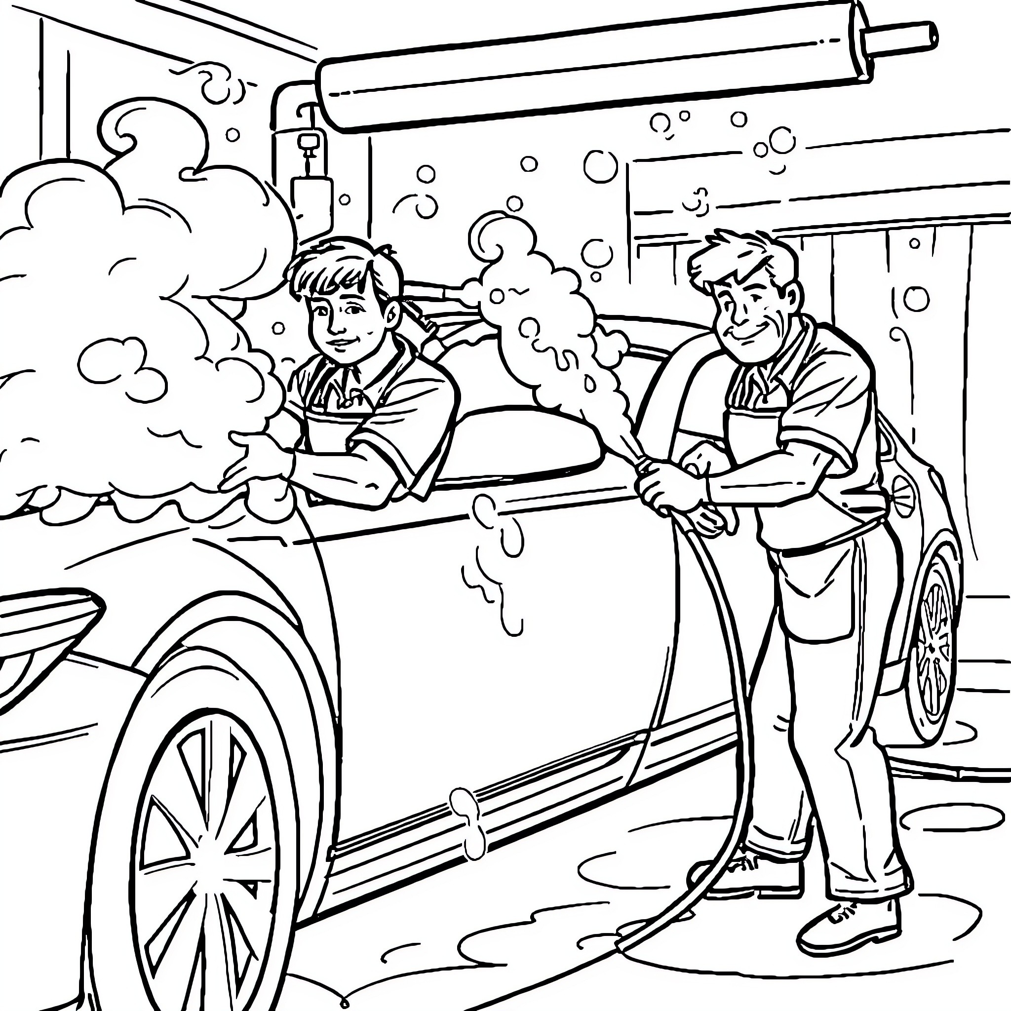 Car Owners Washing Vehicle Together Coloring Page (free black-and-white line drawing printable PDF for all, from beginners to advanced learners, including children, teens, adults, and seniors)