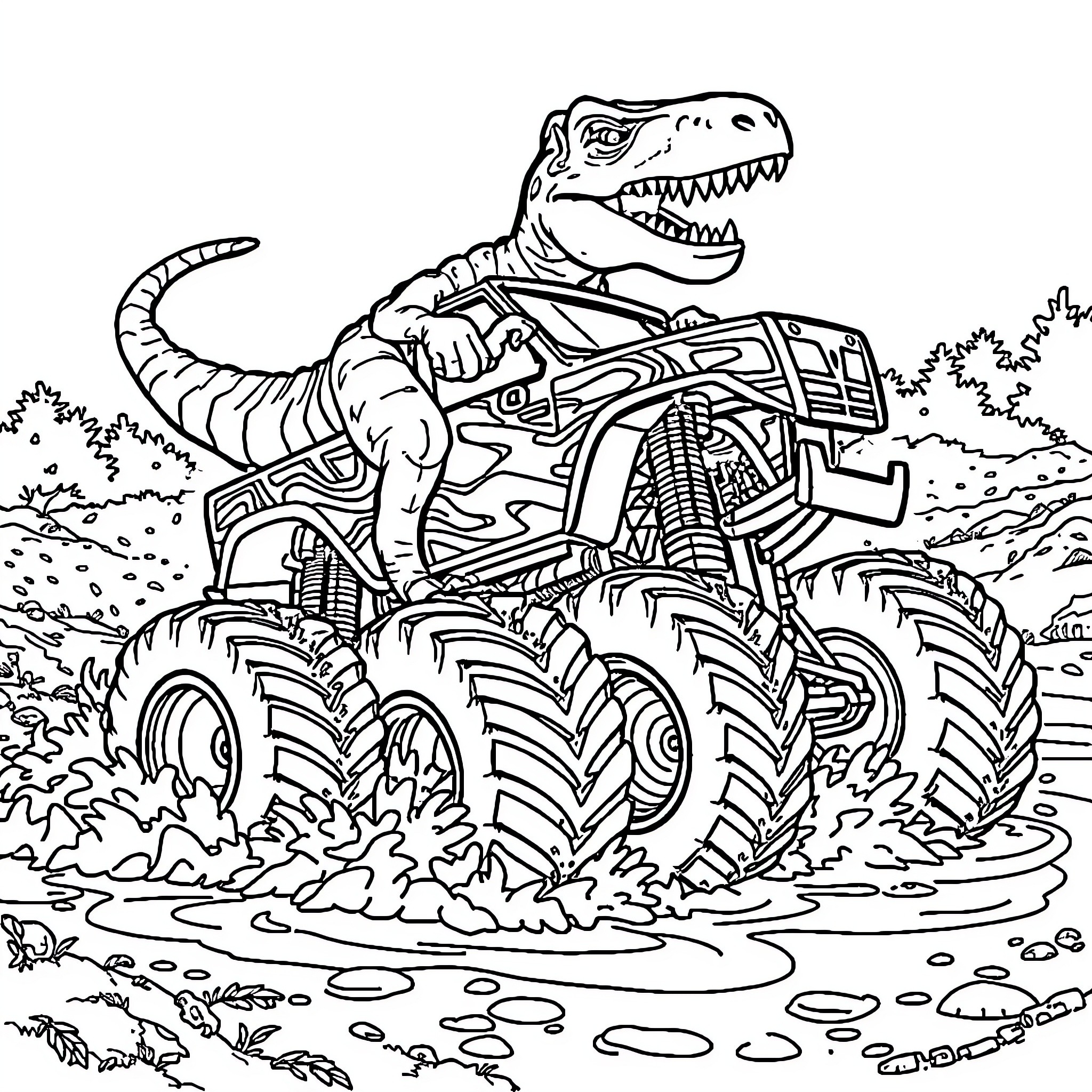 Dinosaur riding powerful monster truck through muddy terrain Coloring Page (free black-and-white line drawing printable PDF for all, from beginners to advanced learners, including children, teens, adults, and seniors)