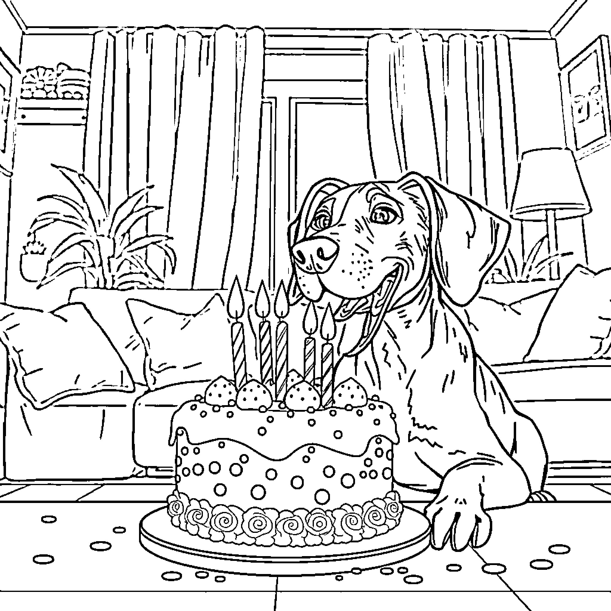 Vizsla celebrating birthday with cake Coloring Page (free black-and-white line drawing printable PDF for all, from beginners to advanced learners, including children, teens, adults, and seniors)