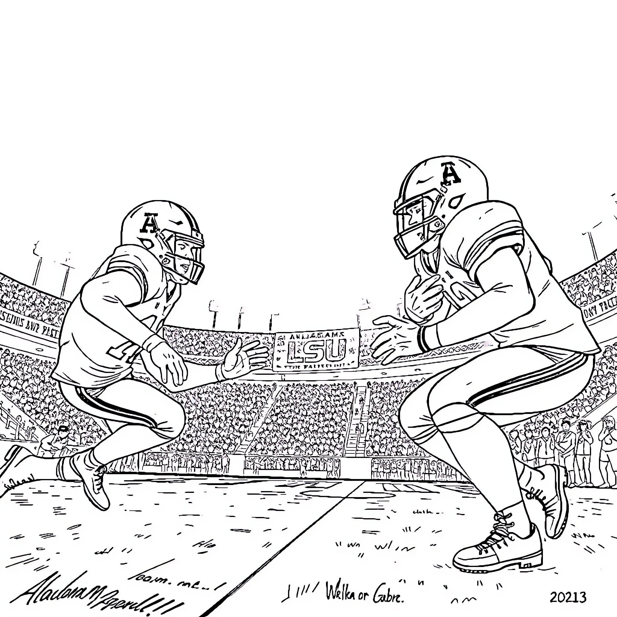 Football players in competition on the field Coloring Page (free black-and-white line drawing printable PDF for all, from beginners to advanced learners, including children, teens, adults, and seniors)