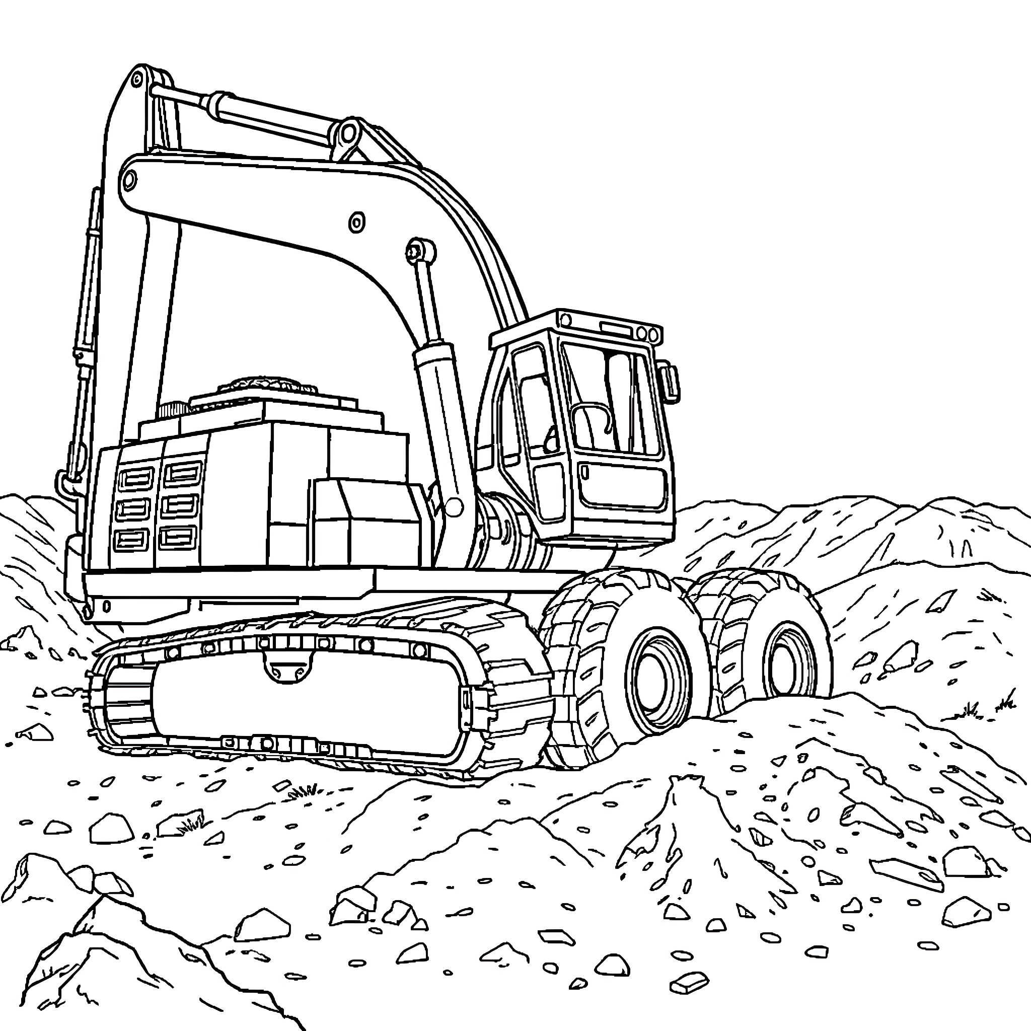 Bagger 288 excavator at construction site Coloring Page (free black-and-white line drawing printable PDF for all, from beginners to advanced learners, including children, teens, adults, and seniors)