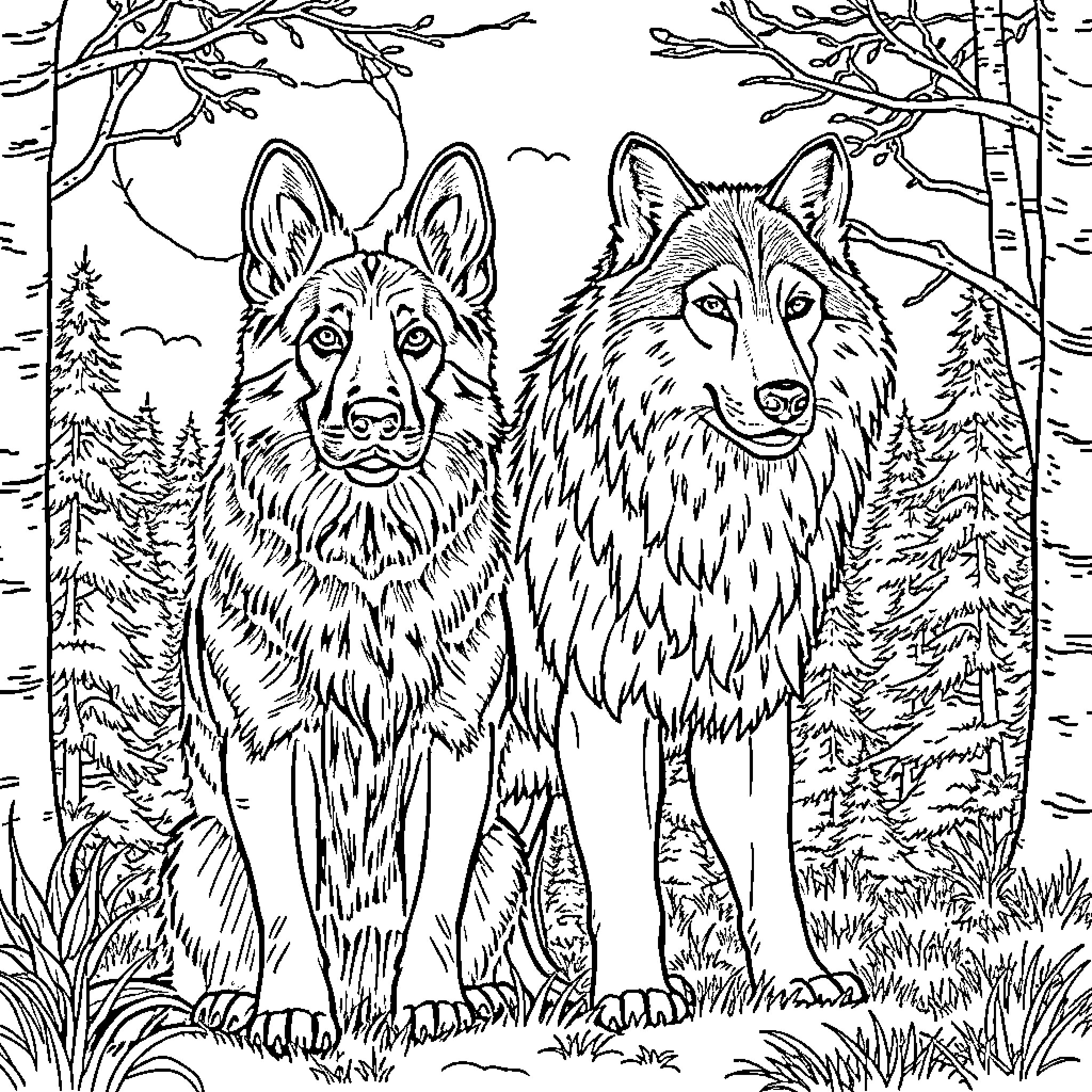 German Shepherds in the Wilderness Coloring Page (free black-and-white line drawing printable PDF for all, from beginners to advanced learners, including children, teens, adults, and seniors)