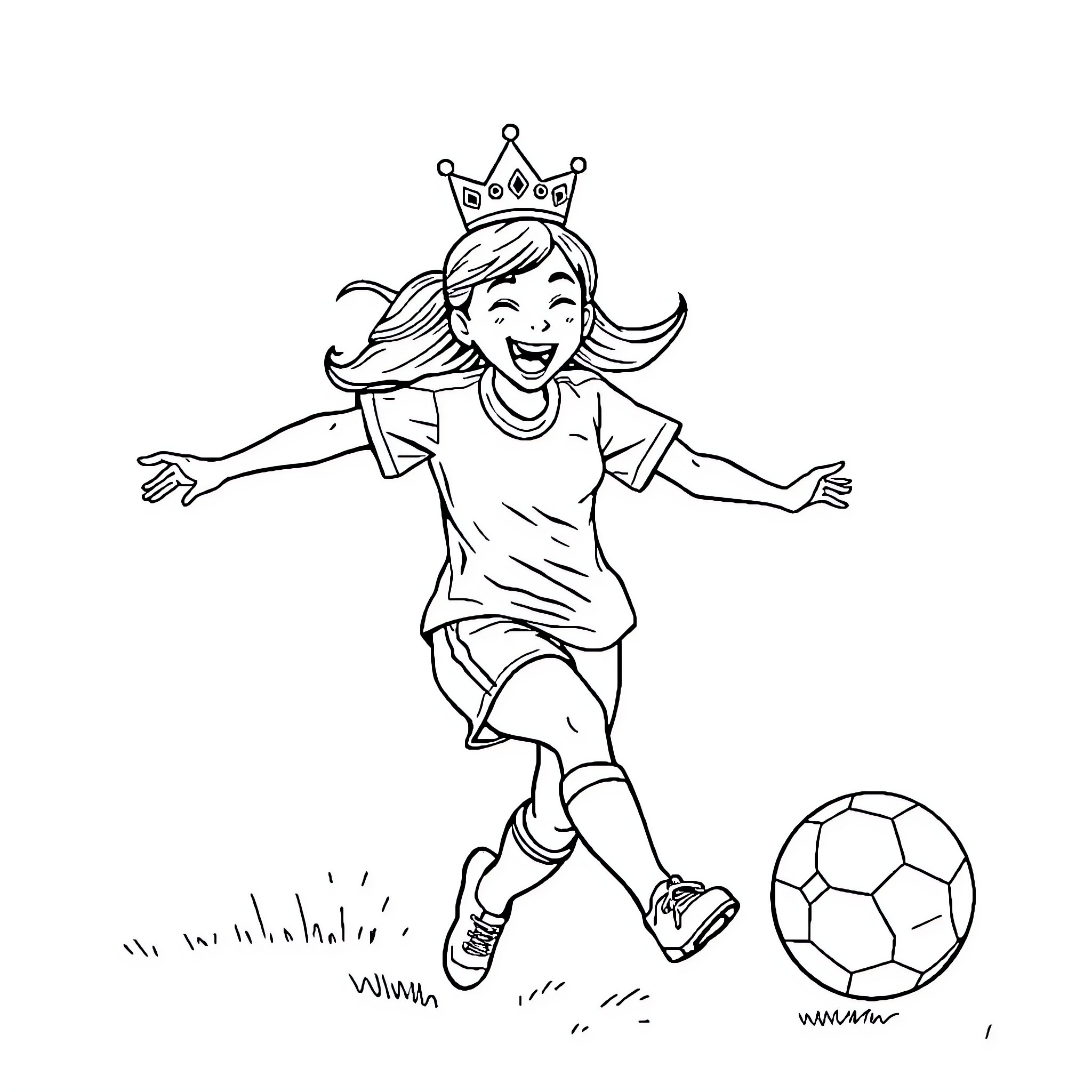 Soccer Player Celebrating Victory with Crown Coloring Page (free black-and-white line drawing printable PDF for all, from beginners to advanced learners, including children, teens, adults, and seniors)