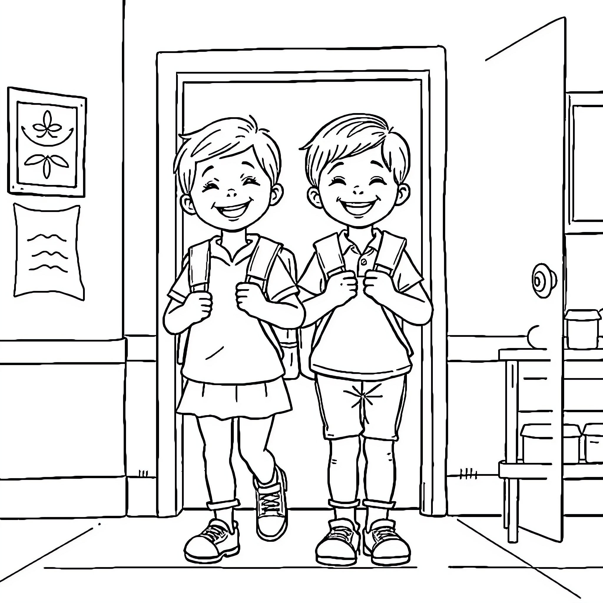 Enfant - Two cheerful children in school uniforms Coloring Page (free black-and-white line drawing printable PDF for all, from beginners to advanced learners, including children, teens, adults, and seniors)
