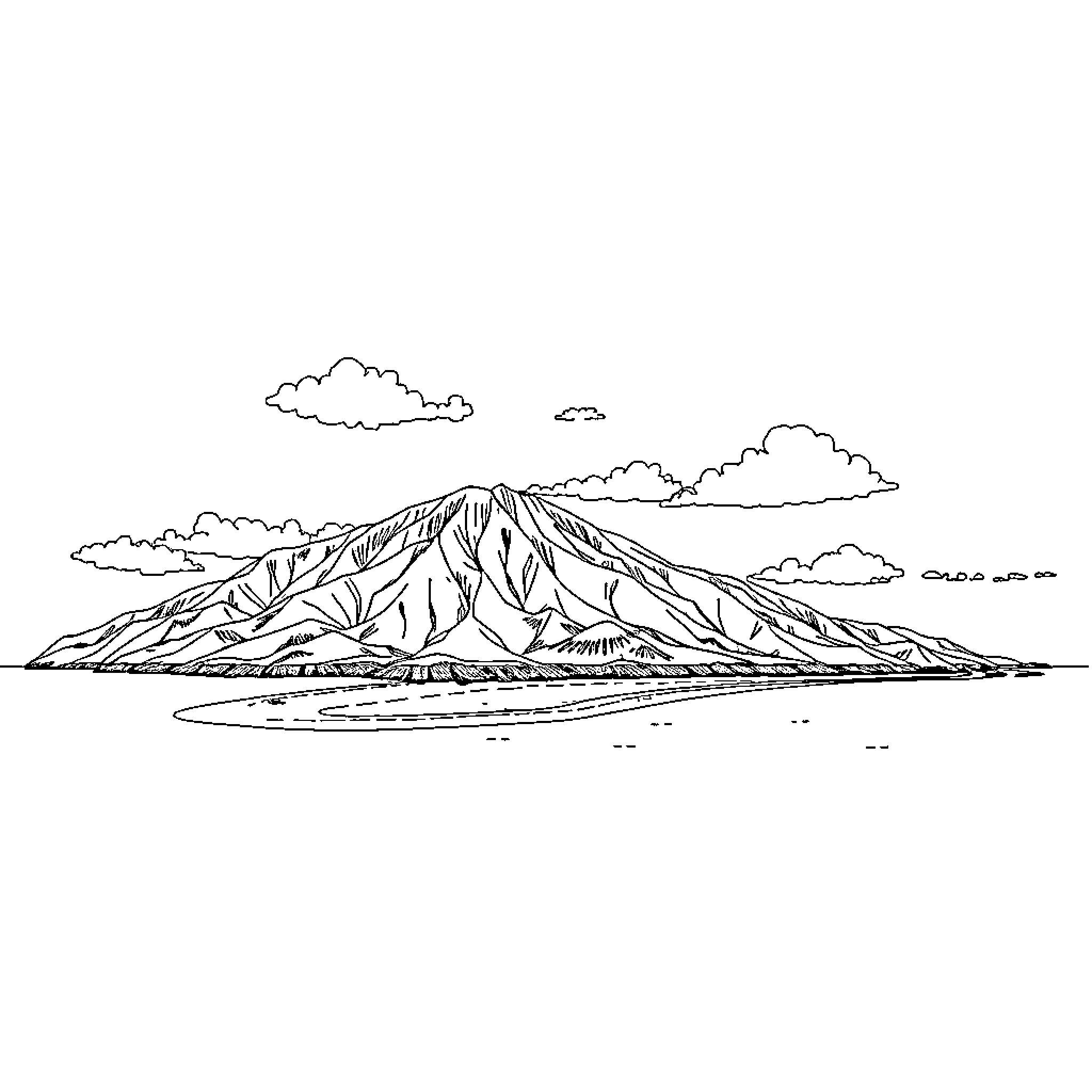 Isla's Tranquil Mountainous Landscape Coloring Page (free black-and-white line drawing printable PDF for all, from beginners to advanced learners, including children, teens, adults, and seniors)
