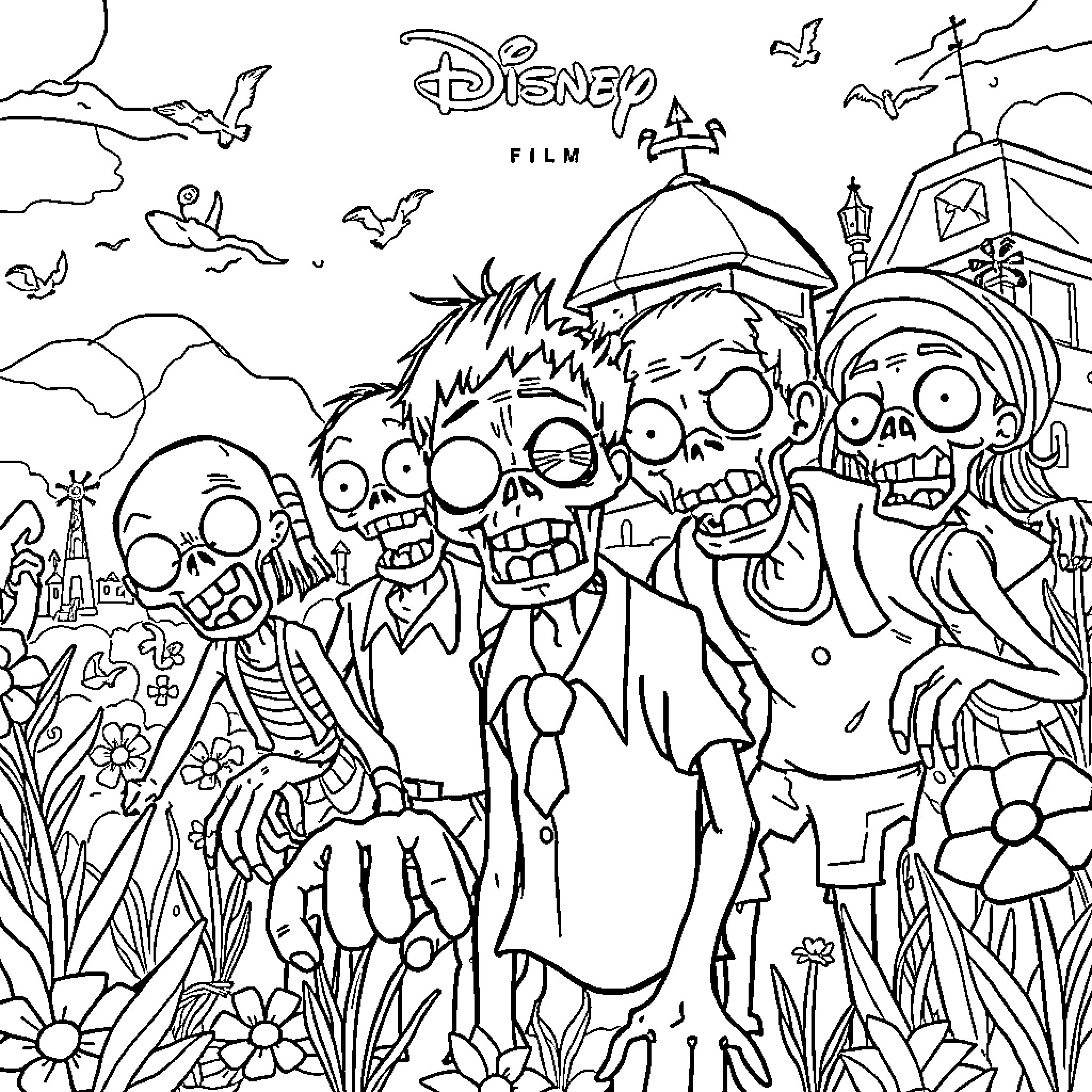 Zombie business executives in chaotic corporate landscape Coloring Page (free black-and-white line drawing printable PDF for all, from beginners to advanced learners, including children, teens, adults, and seniors)