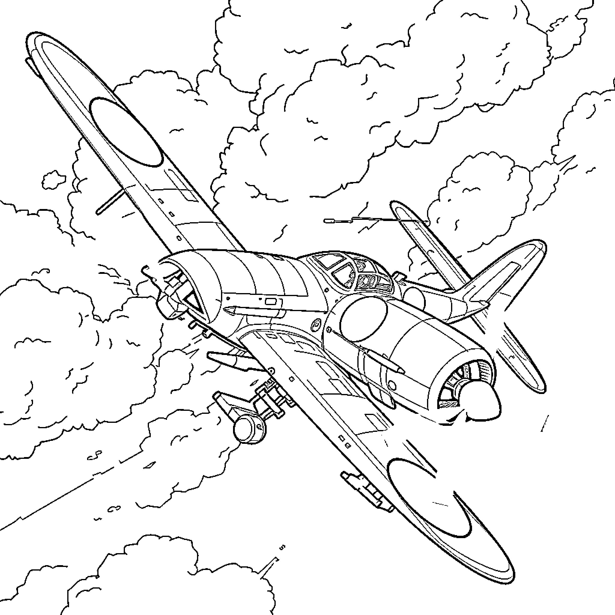 Avión volando en cielo nublado Coloring Page (free black-and-white line drawing printable PDF for all, from beginners to advanced learners, including children, teens, adults, and seniors)