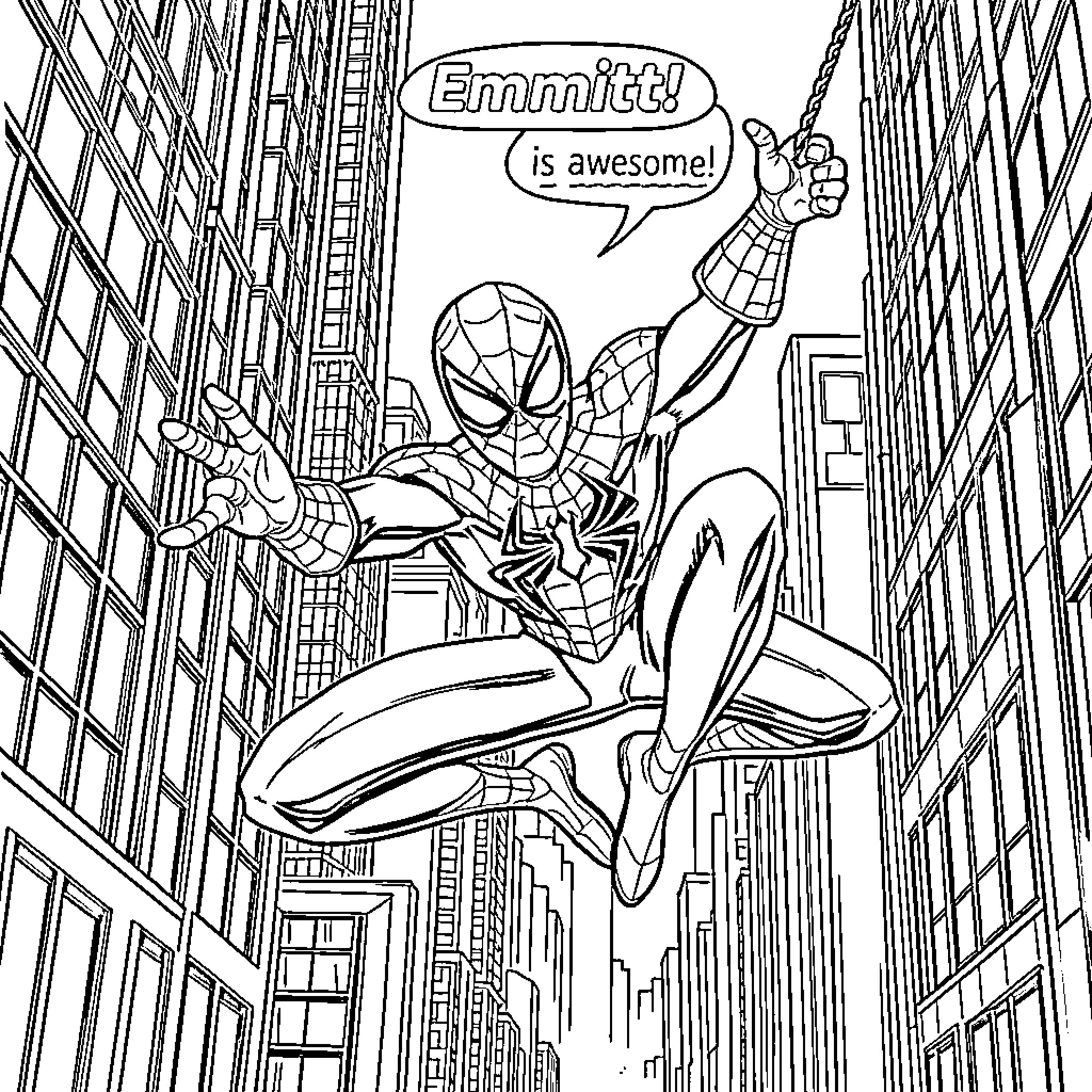 Spider-Man Saving the City with Enthusiasm Coloring Page (free black-and-white line drawing printable PDF for all, from beginners to advanced learners, including children, teens, adults, and seniors)