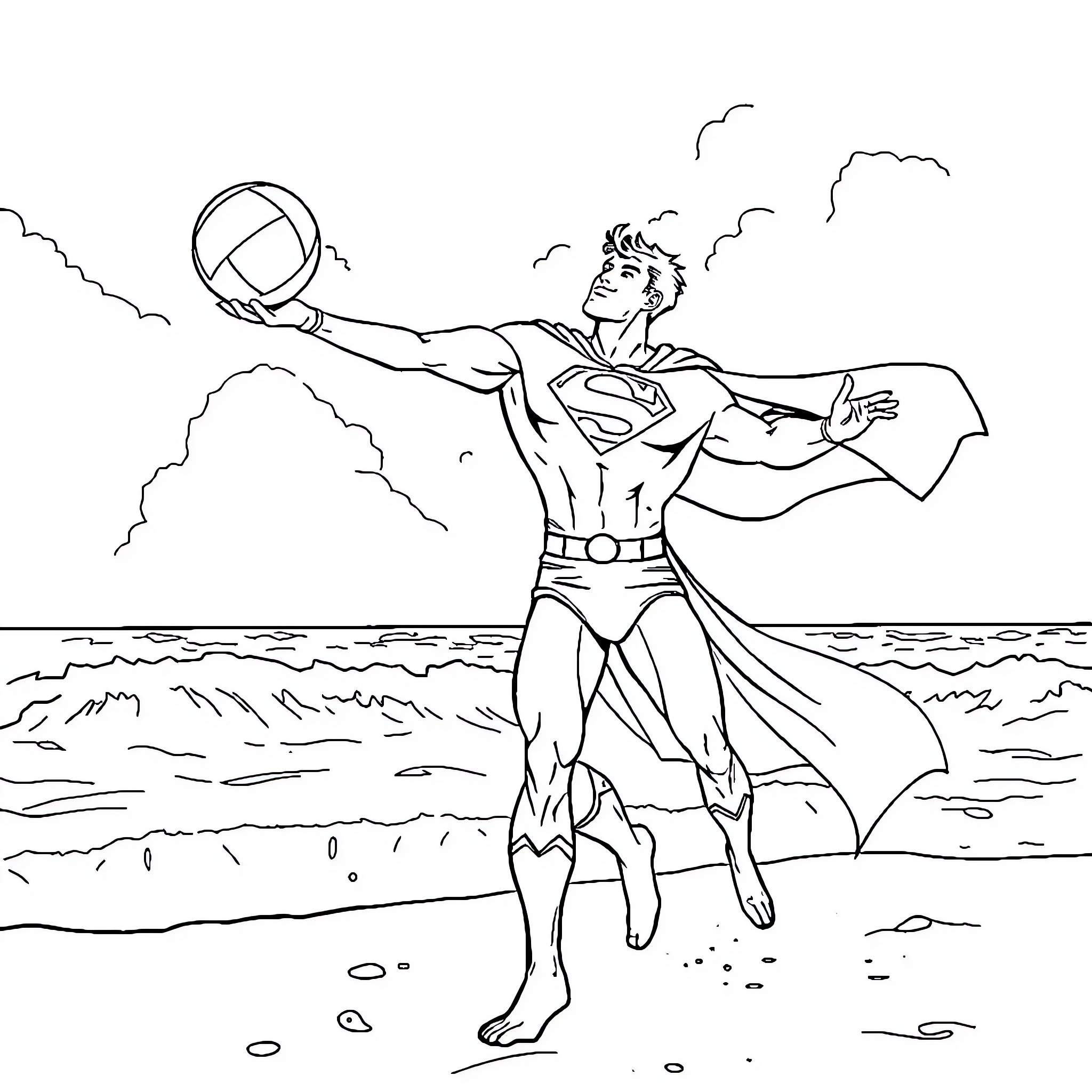 Superman's heroic flight over the ocean Coloring Page (free black-and-white line drawing printable PDF for all, from beginners to advanced learners, including children, teens, adults, and seniors)