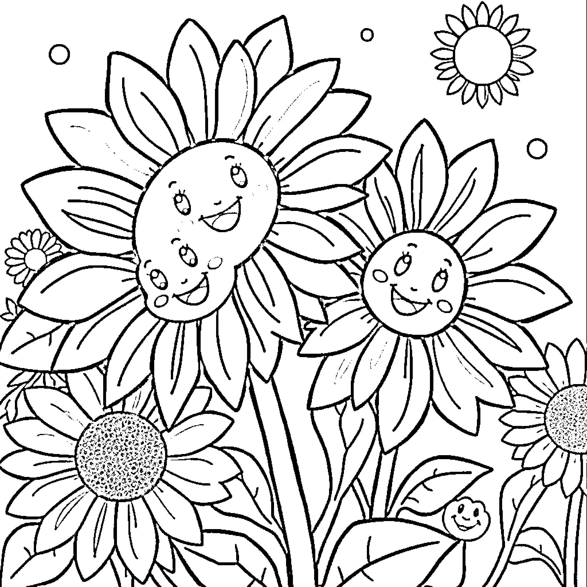 Sunflower garden with smiling flowers Coloring Page (free black-and-white line drawing printable PDF for all, from beginners to advanced learners, including children, teens, adults, and seniors)