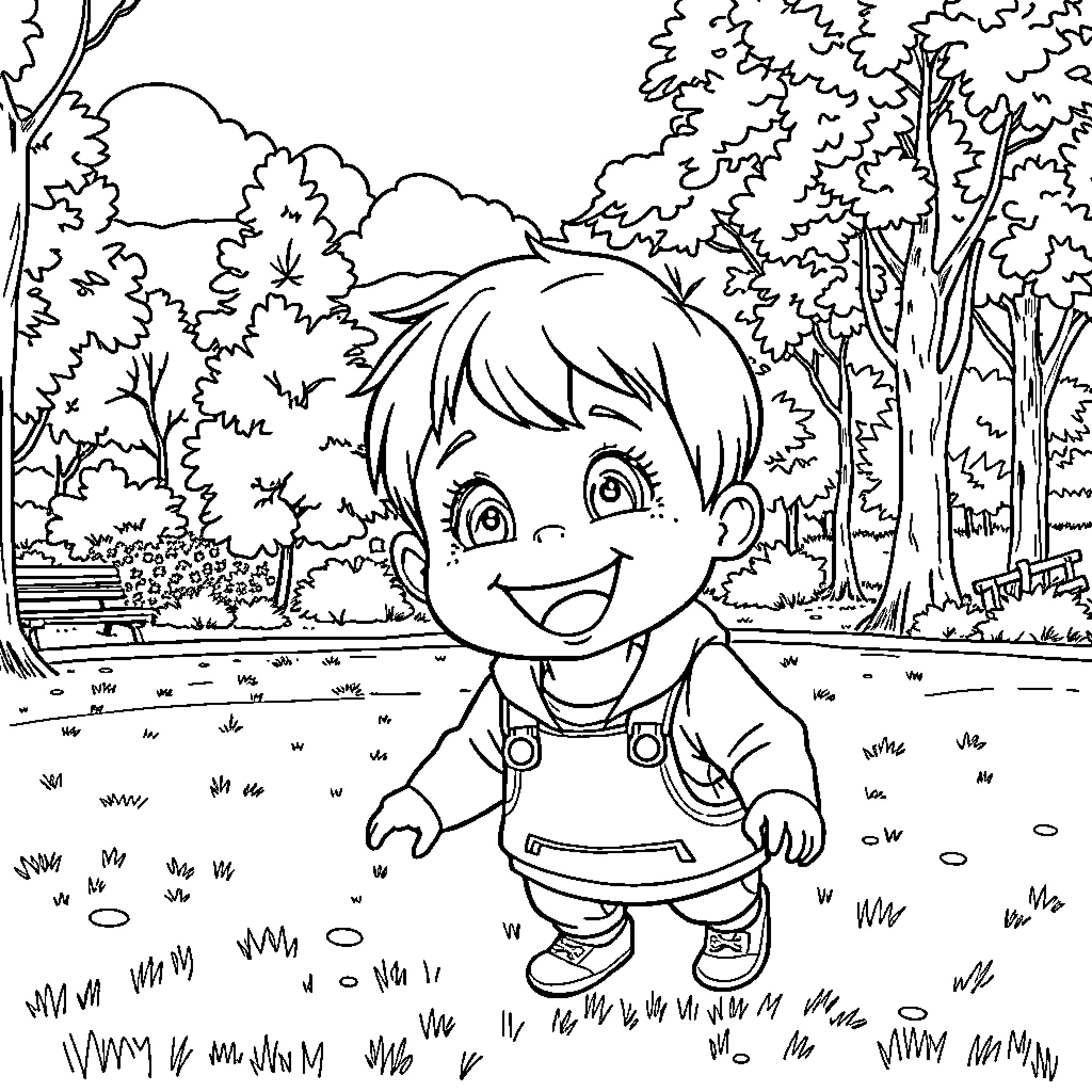 Snæbjörn exploring the lively forest landscape Coloring Page (free black-and-white line drawing printable PDF for all, from beginners to advanced learners, including children, teens, adults, and seniors)