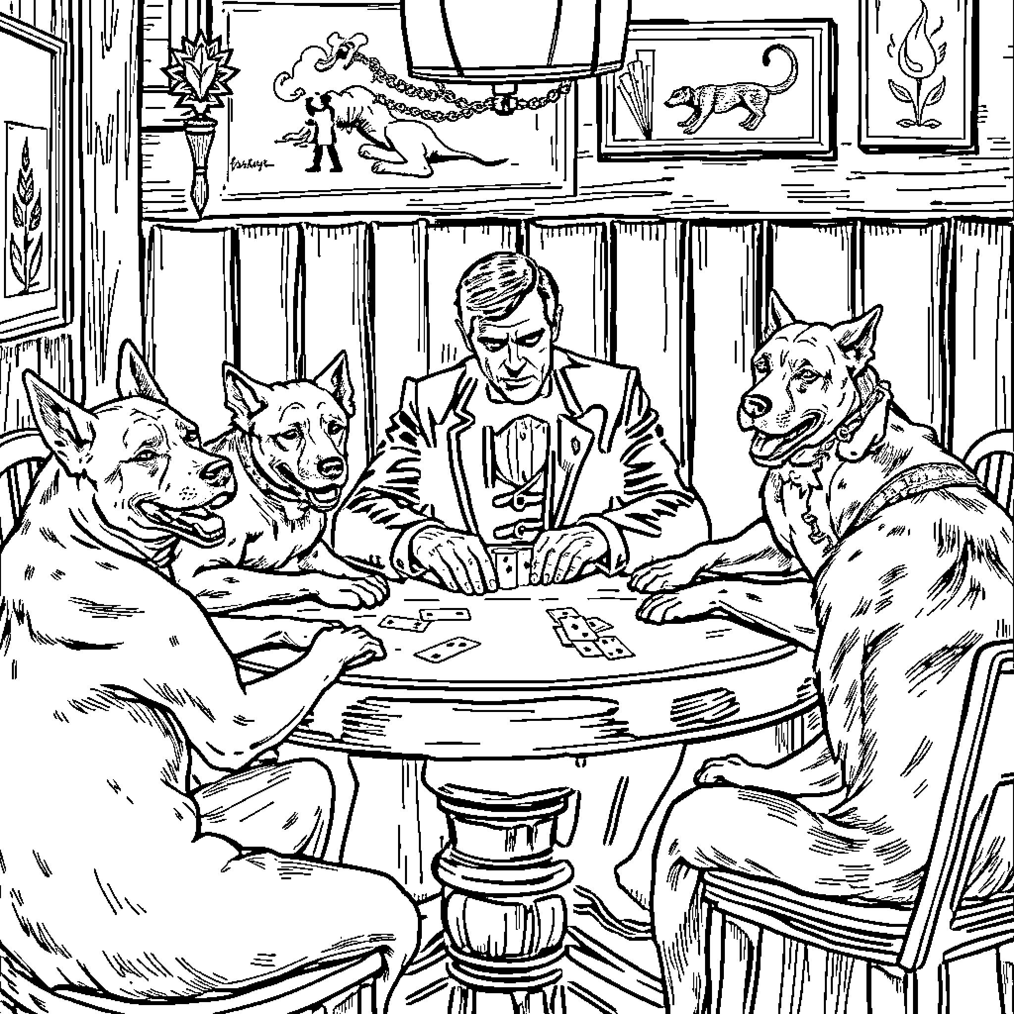 Scarface's Poker Night with Loyal Companions Coloring Page (free black-and-white line drawing printable PDF for all, from beginners to advanced learners, including children, teens, adults, and seniors)