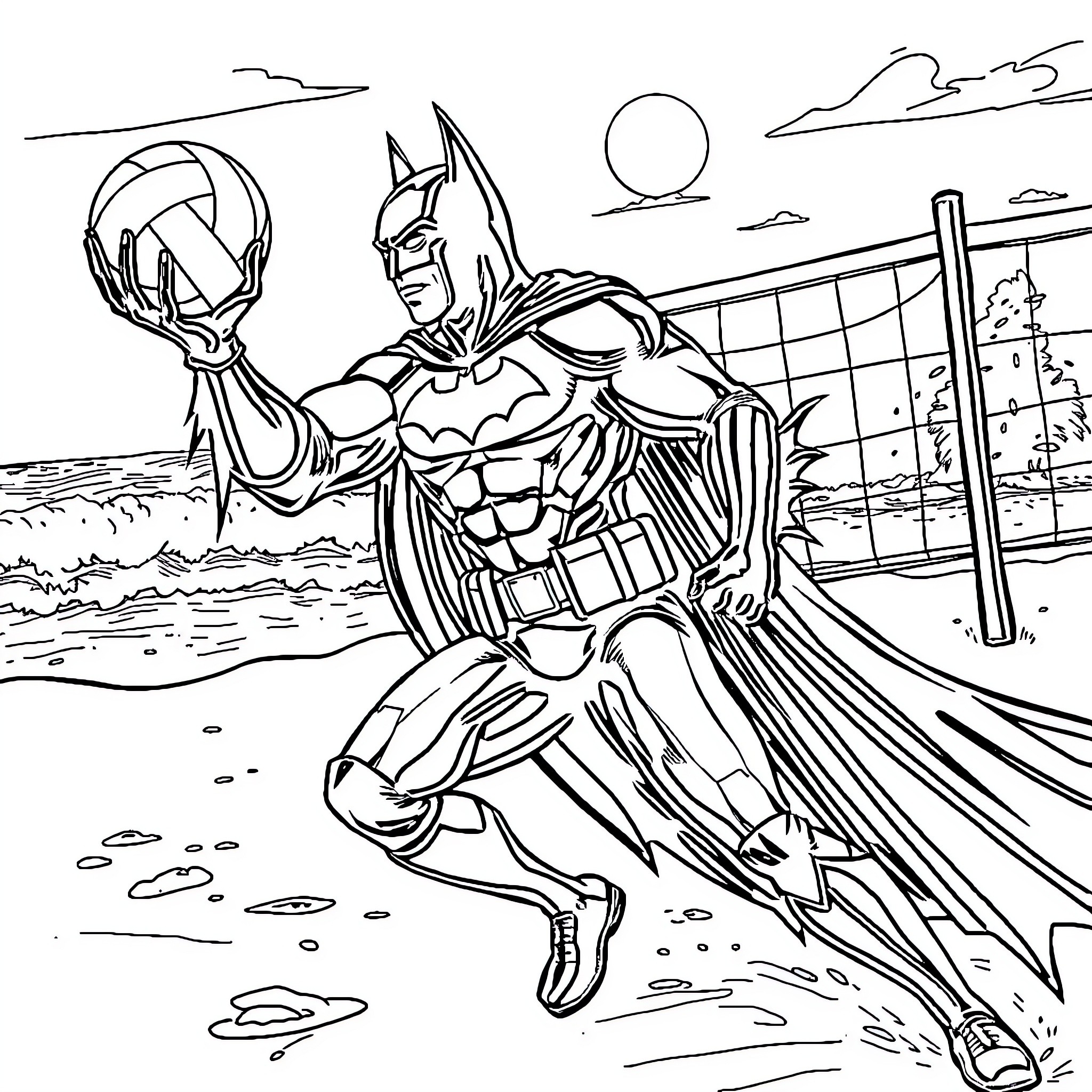 Batman playing volleyball on the beach Coloring Page (free black-and-white line drawing printable PDF for all, from beginners to advanced learners, including children, teens, adults, and seniors)