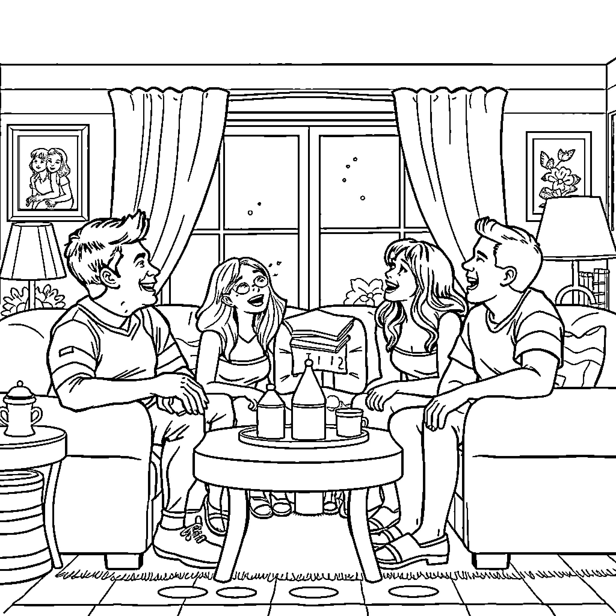 Family enjoying cozy gathering in living room Coloring Page (free black-and-white line drawing printable PDF for all, from beginners to advanced learners, including children, teens, adults, and seniors)