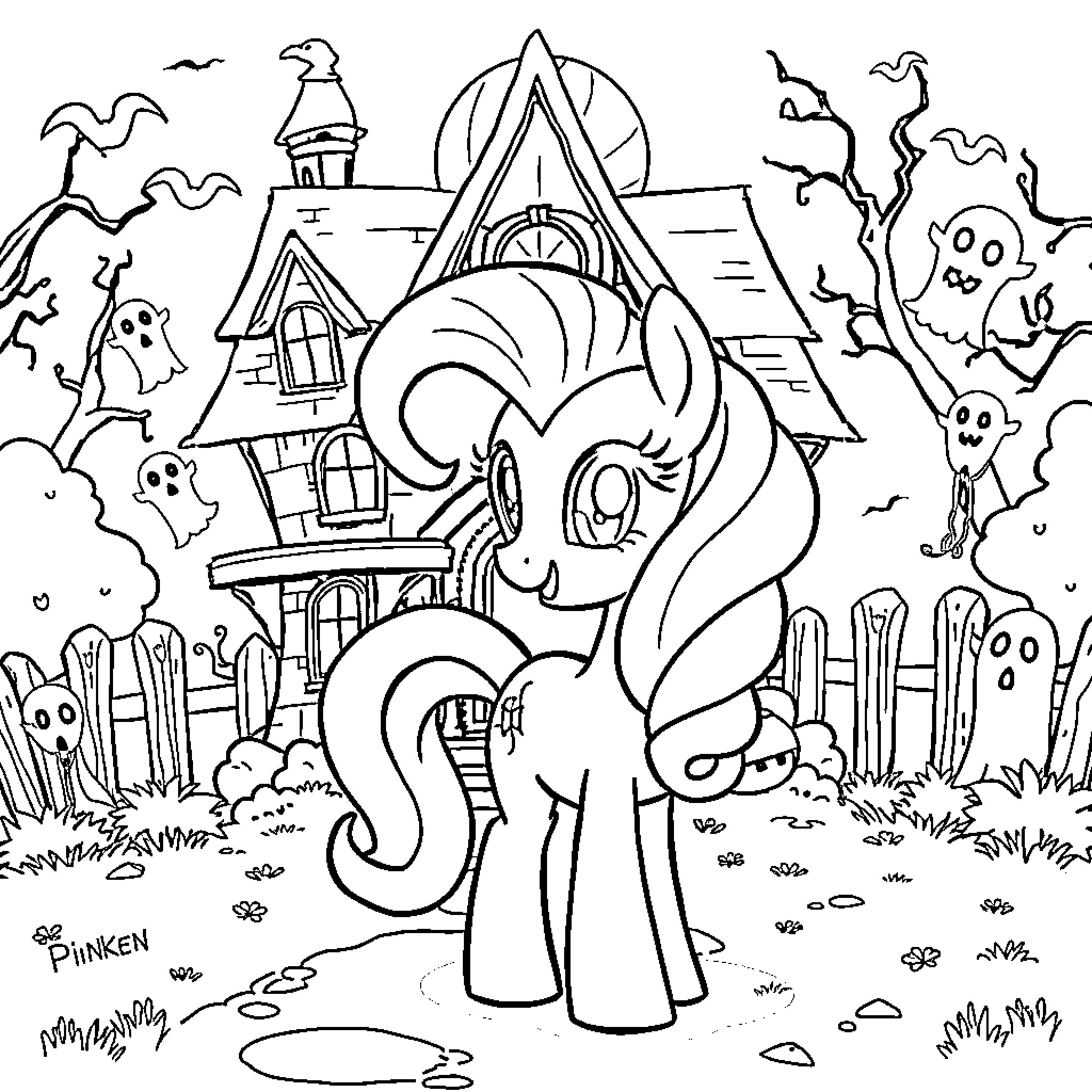 Pinkie Pie explores the haunted house Coloring Page (free black-and-white line drawing printable PDF for all, from beginners to advanced learners, including children, teens, adults, and seniors)