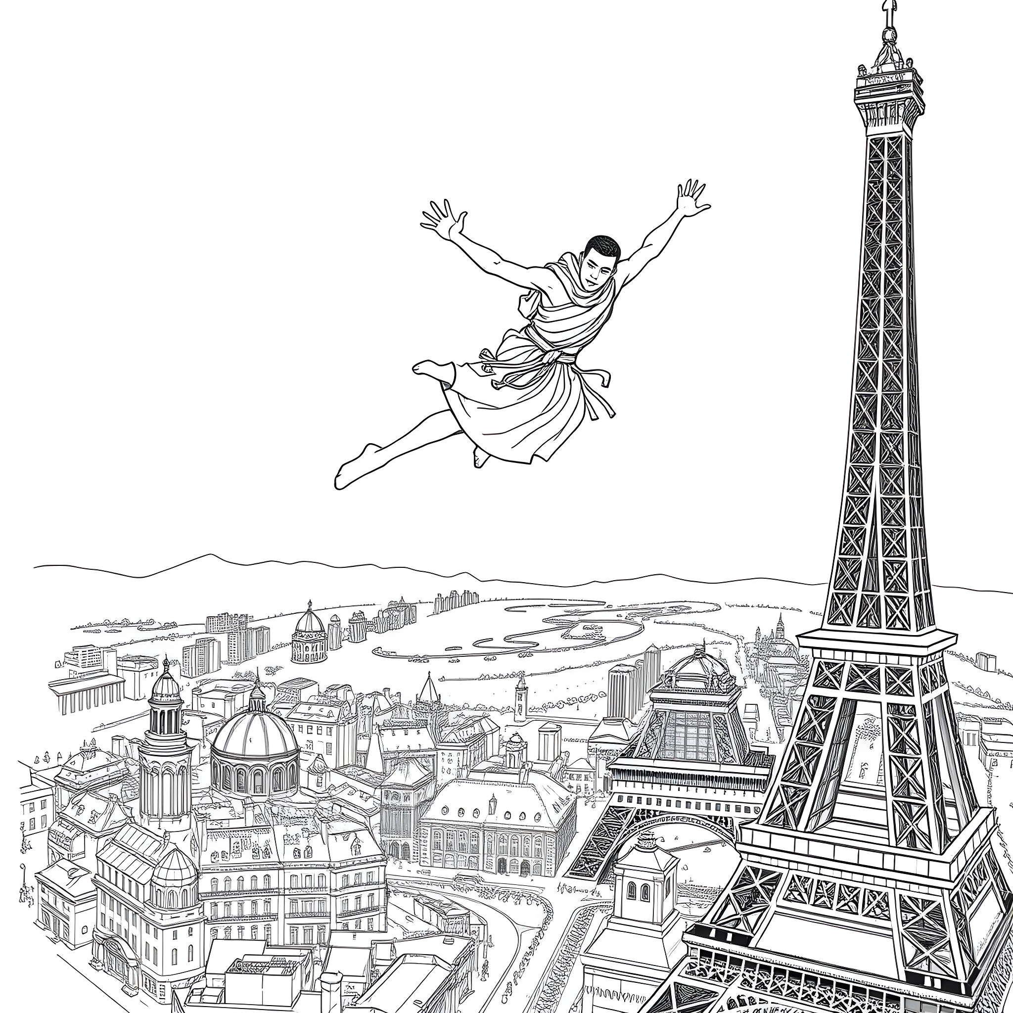 Masai Warrior Leaping Above the Eiffel Tower and Parisian Skyline Coloring Page (free black-and-white line drawing printable PDF for all, from beginners to advanced learners, including children, teens, adults, and seniors)