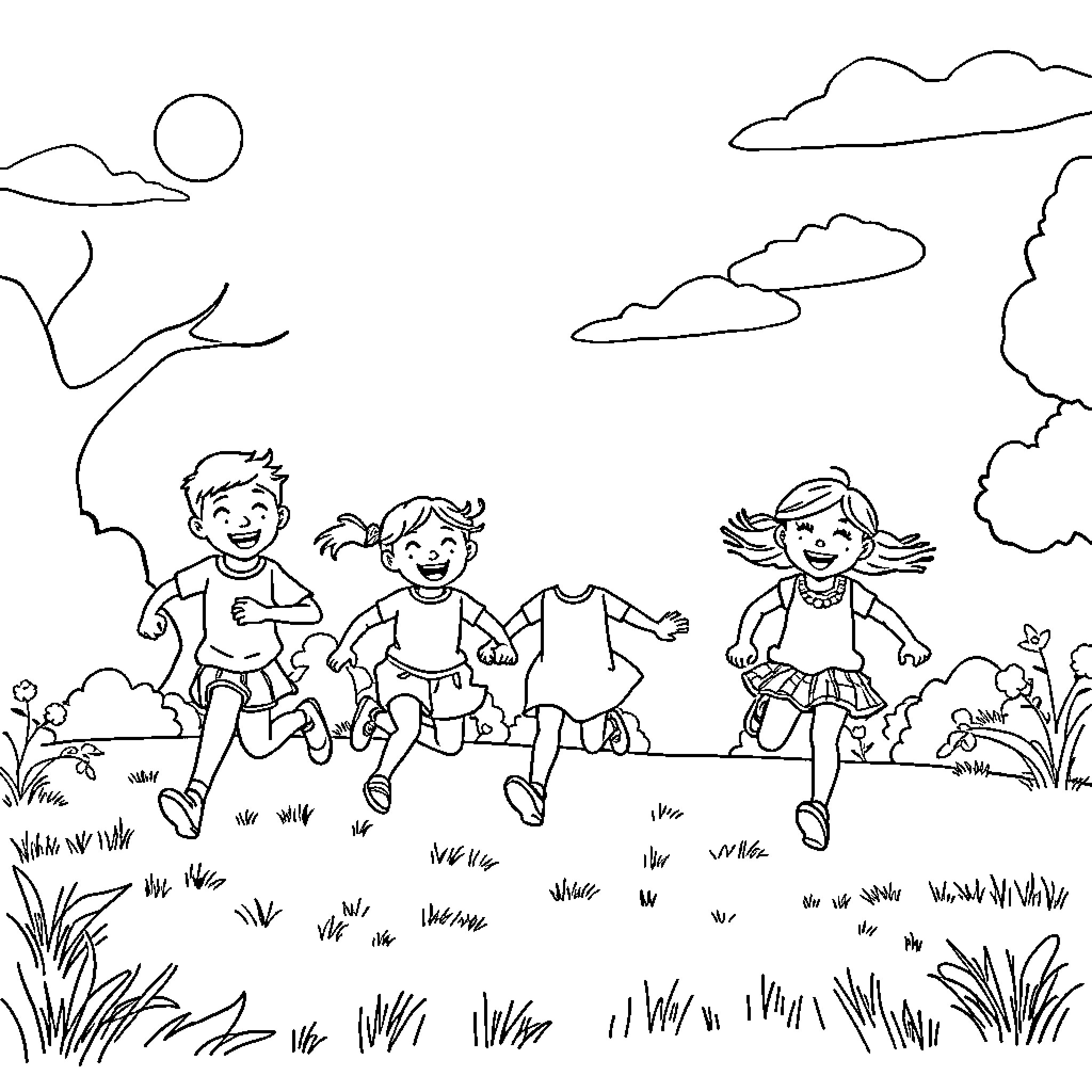 Kids playing happily in the park Coloring Page (free black-and-white line drawing printable PDF for all, from beginners to advanced learners, including children, teens, adults, and seniors)