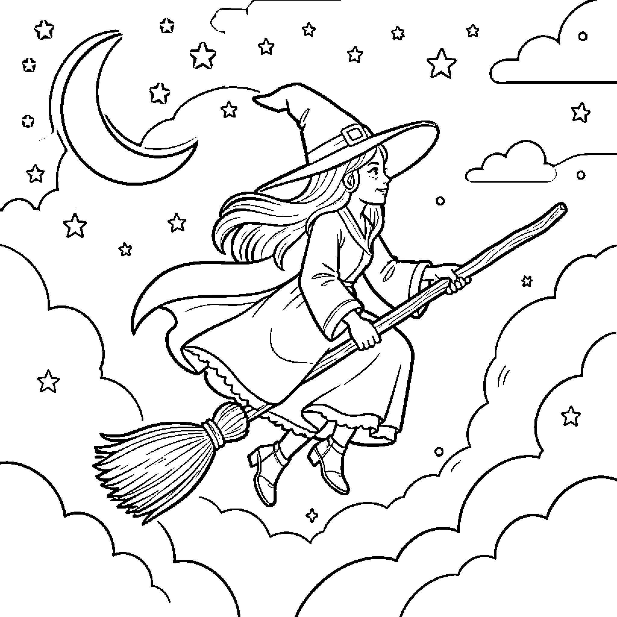 Witch flying on a broomstick through starry night sky Coloring Page (free black-and-white line drawing printable PDF for all, from beginners to advanced learners, including children, teens, adults, and seniors)