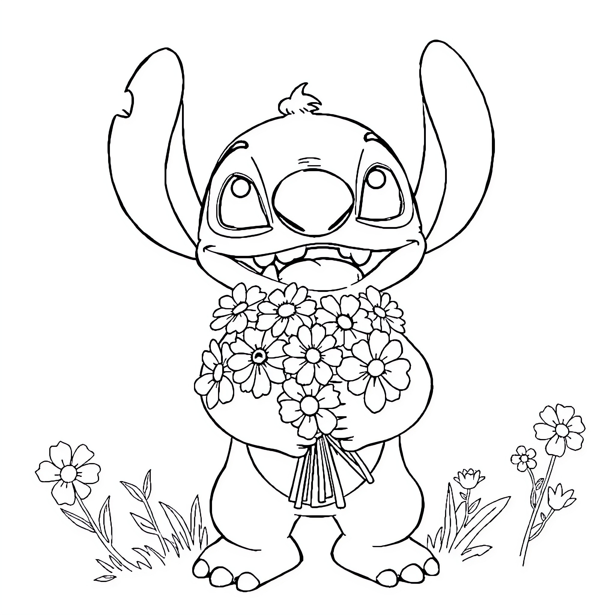 Stitch holding a bouquet of flowers Coloring Page (free black-and-white line drawing printable PDF for all, from beginners to advanced learners, including children, teens, adults, and seniors)