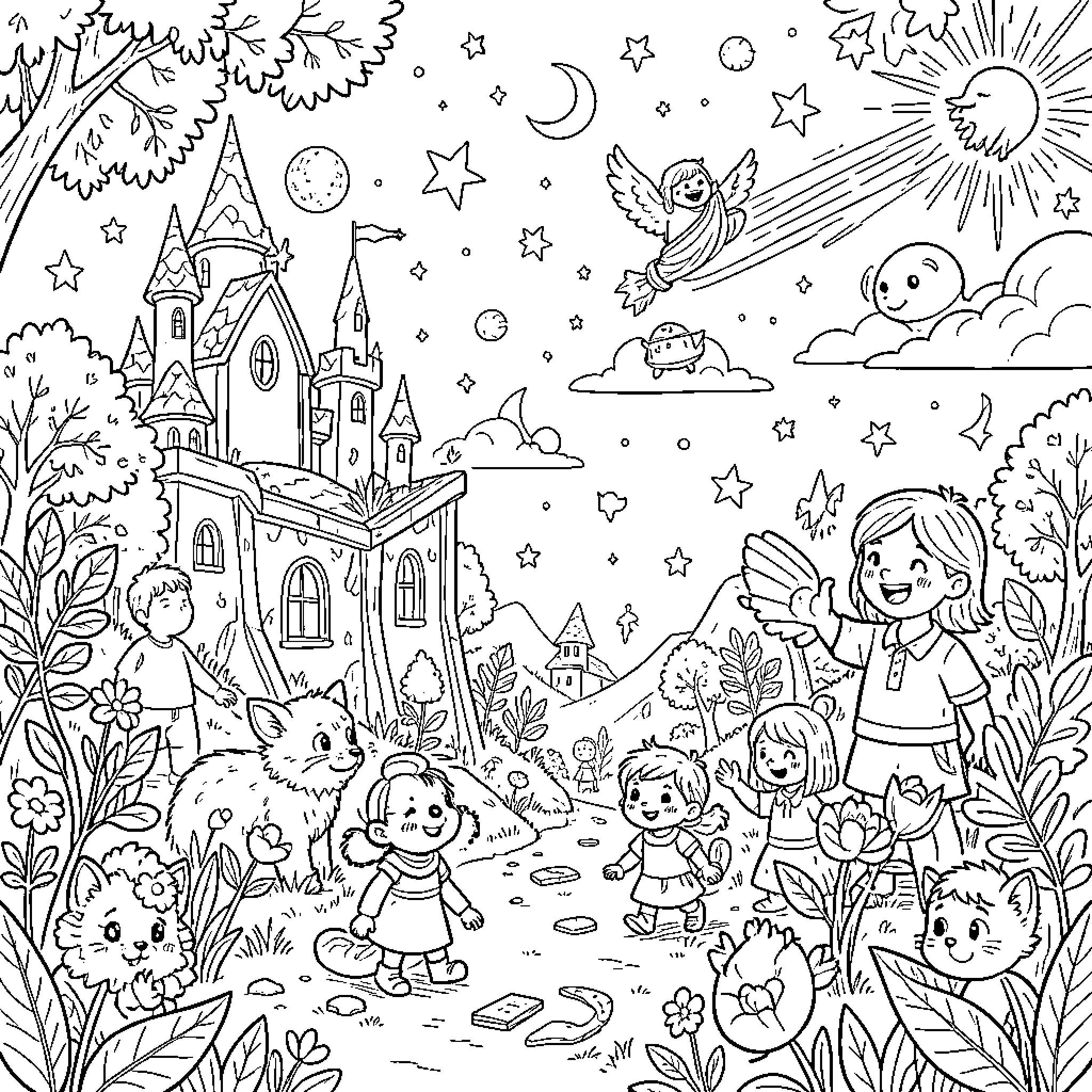 Miraculous children exploring a magical castle landscape Coloring Page (free black-and-white line drawing printable PDF for all, from beginners to advanced learners, including children, teens, adults, and seniors)