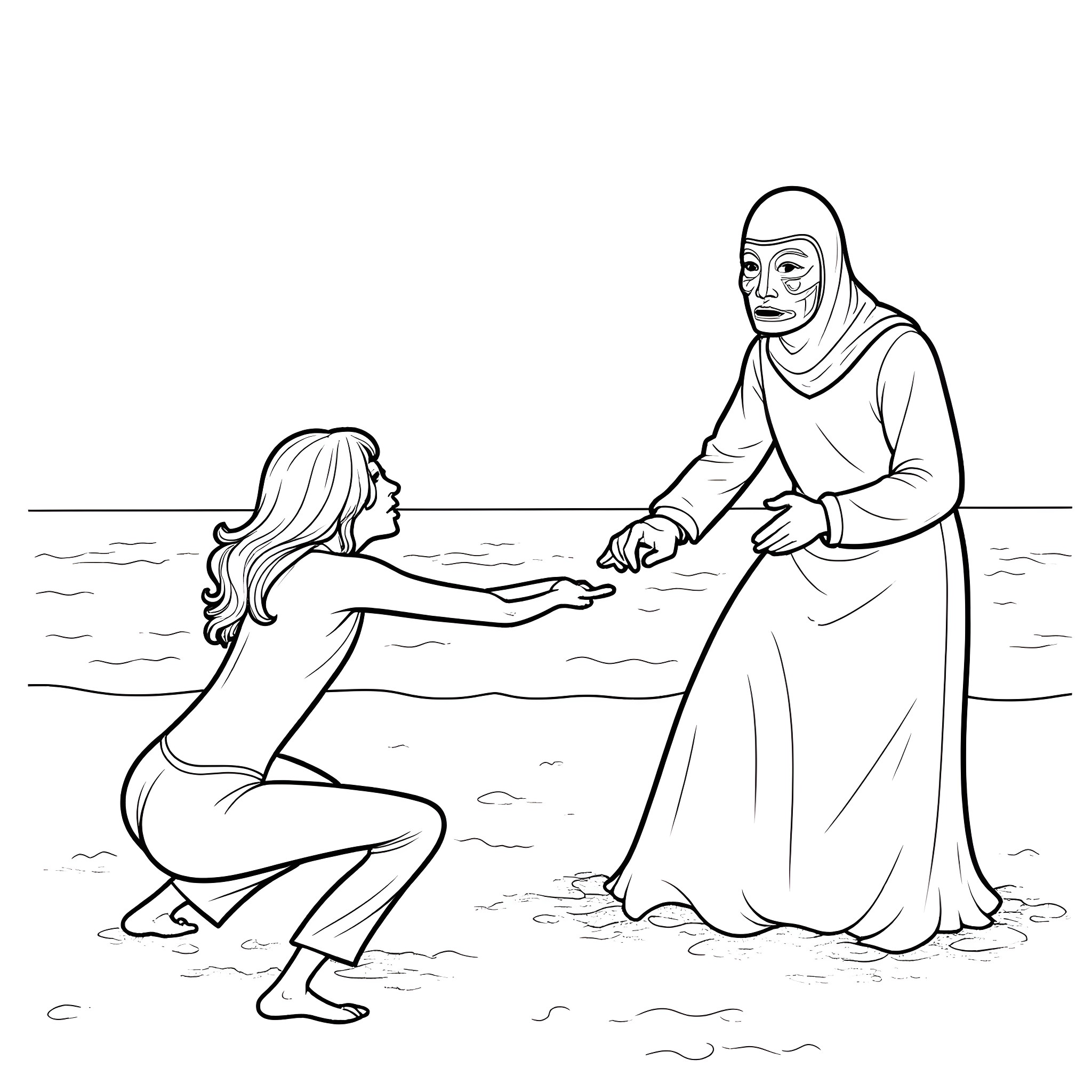 Person helping another person on the beach Coloring Page (free black-and-white line drawing printable PDF for all, from beginners to advanced learners, including children, teens, adults, and seniors)