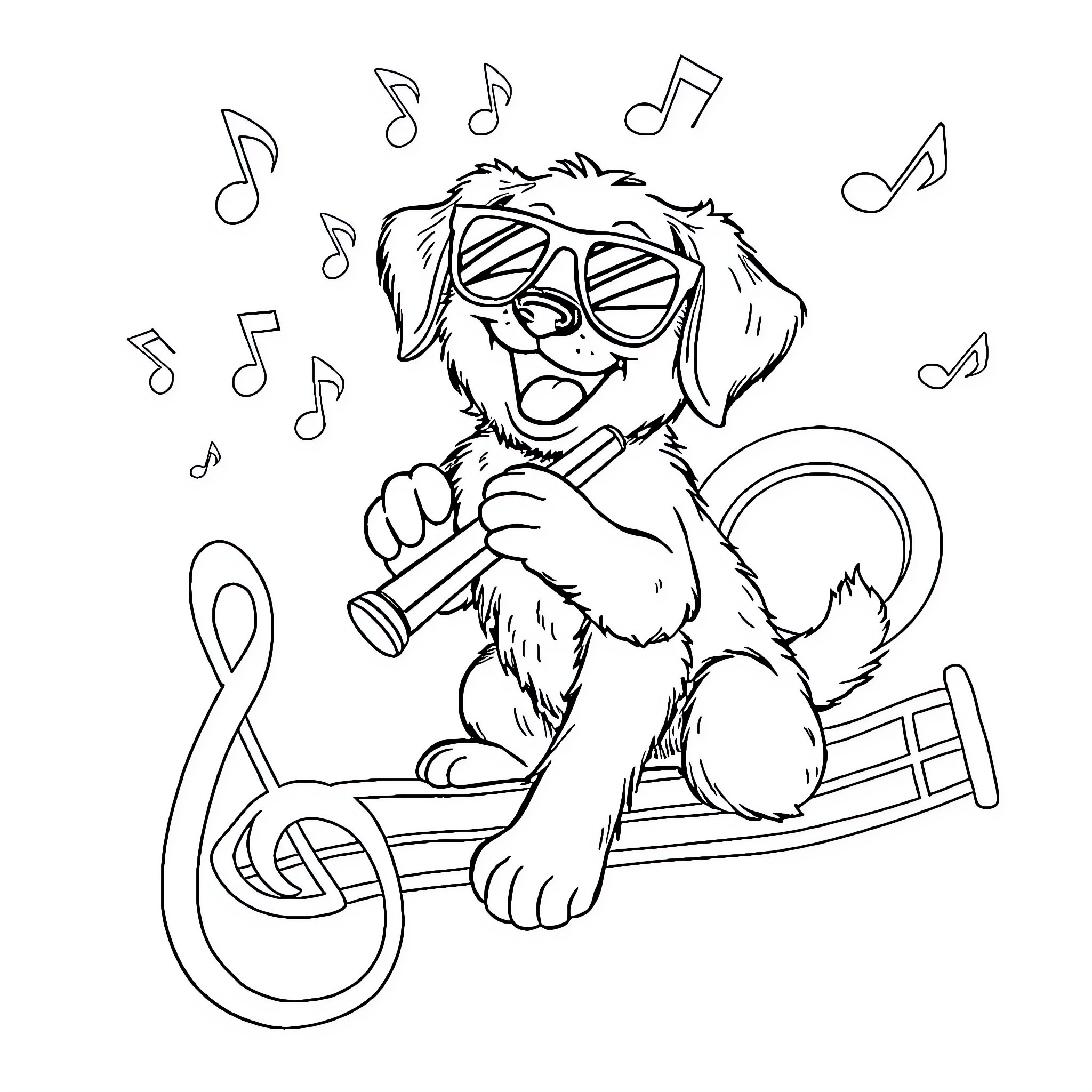 Puppy singing and dancing with musical notes Coloring Page (free black-and-white line drawing printable PDF for all, from beginners to advanced learners, including children, teens, adults, and seniors)