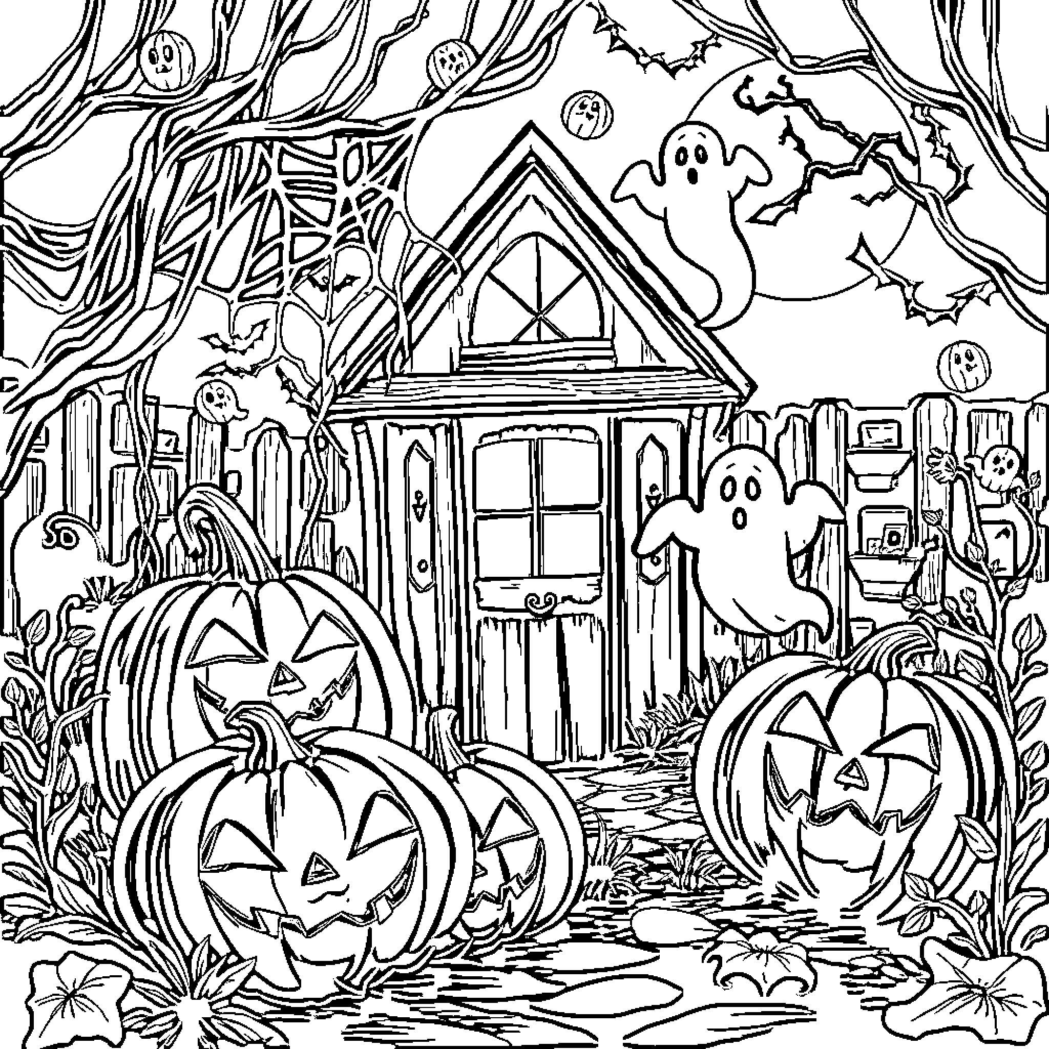 Halloween Haunted House with Spooky Decorations Coloring Page (free black-and-white line drawing printable PDF for all, from beginners to advanced learners, including children, teens, adults, and seniors)