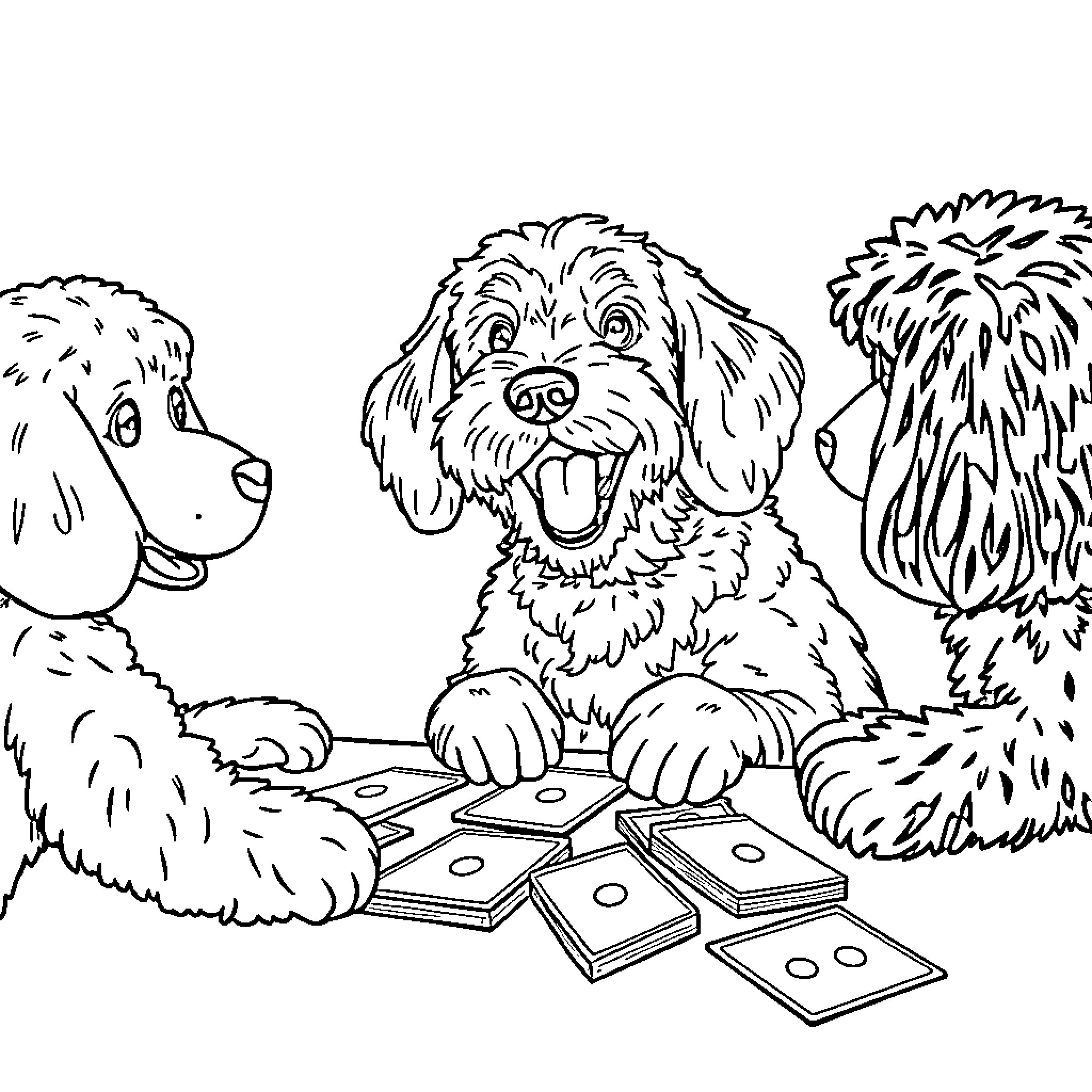 Labradoodle pups playing with dog toys happily Coloring Page (free black-and-white line drawing printable PDF for all, from beginners to advanced learners, including children, teens, adults, and seniors)