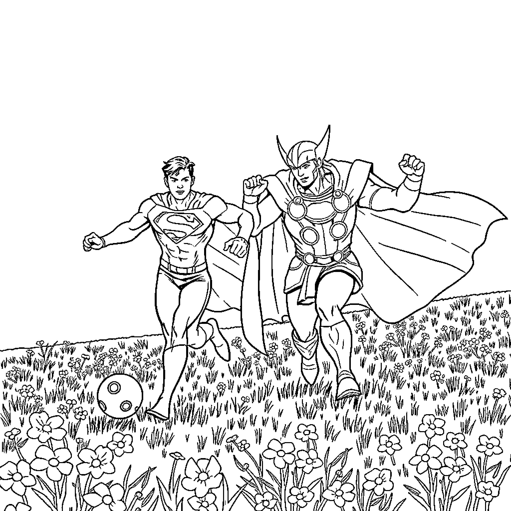 Superman and Thor heroically posing in a flowery field Coloring Page (free black-and-white line drawing printable PDF for all, from beginners to advanced learners, including children, teens, adults, and seniors)