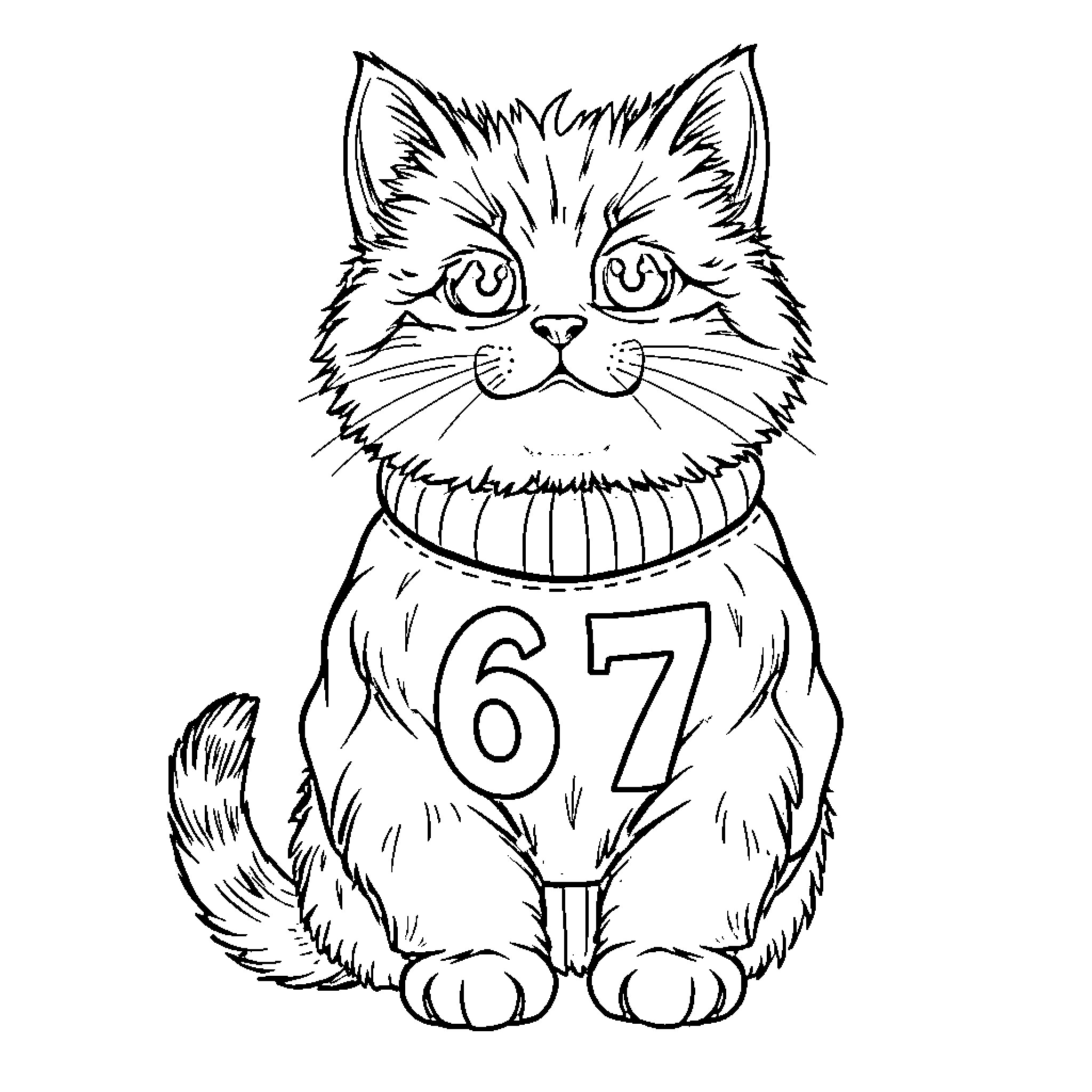 Kitty with Numbered Sports Jersey Coloring Page (free black-and-white line drawing printable PDF for all, from beginners to advanced learners, including children, teens, adults, and seniors)