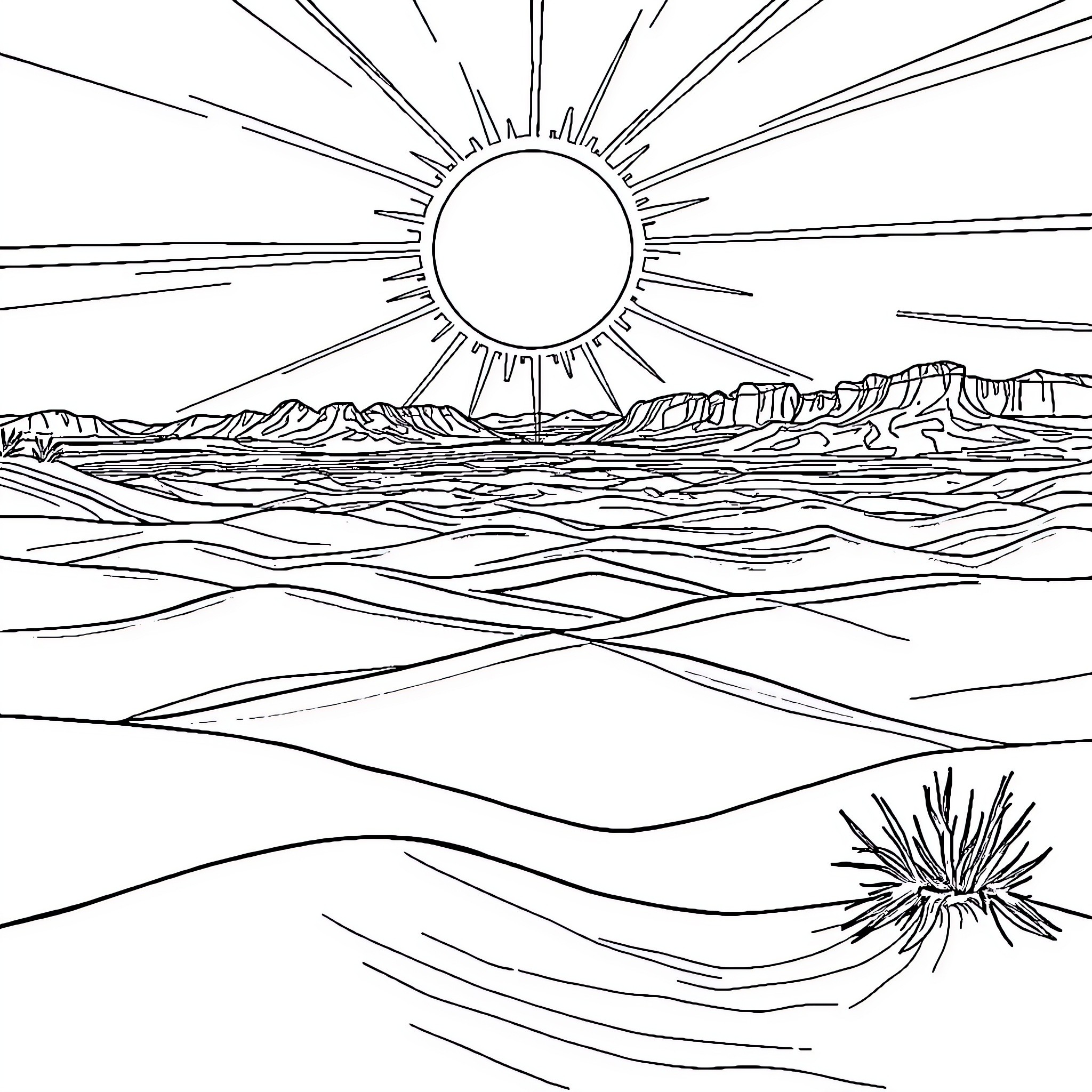 Phoenix rising over a desert landscape Coloring Page (free black-and-white line drawing printable PDF for all, from beginners to advanced learners, including children, teens, adults, and seniors)