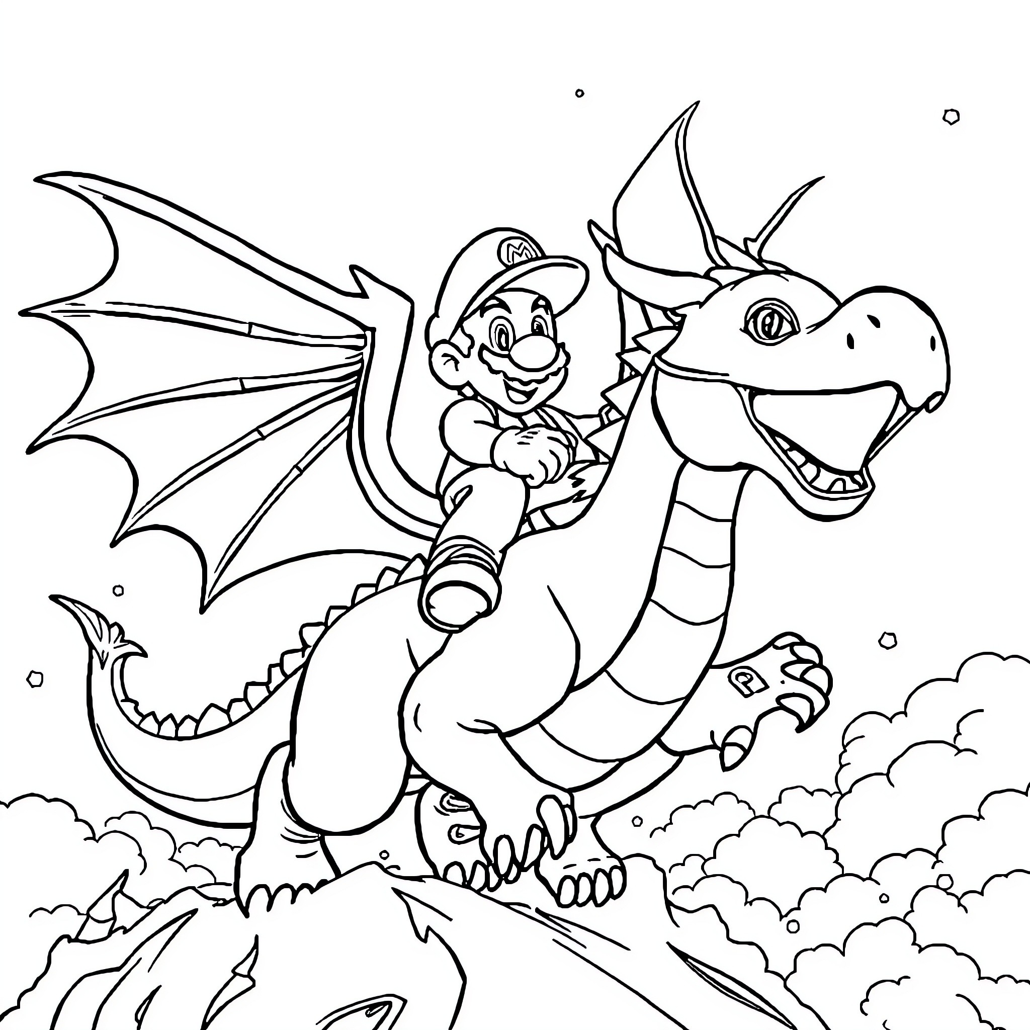 Mario riding a fierce dragon in the sky Coloring Page (free black-and-white line drawing printable PDF for all, from beginners to advanced learners, including children, teens, adults, and seniors)