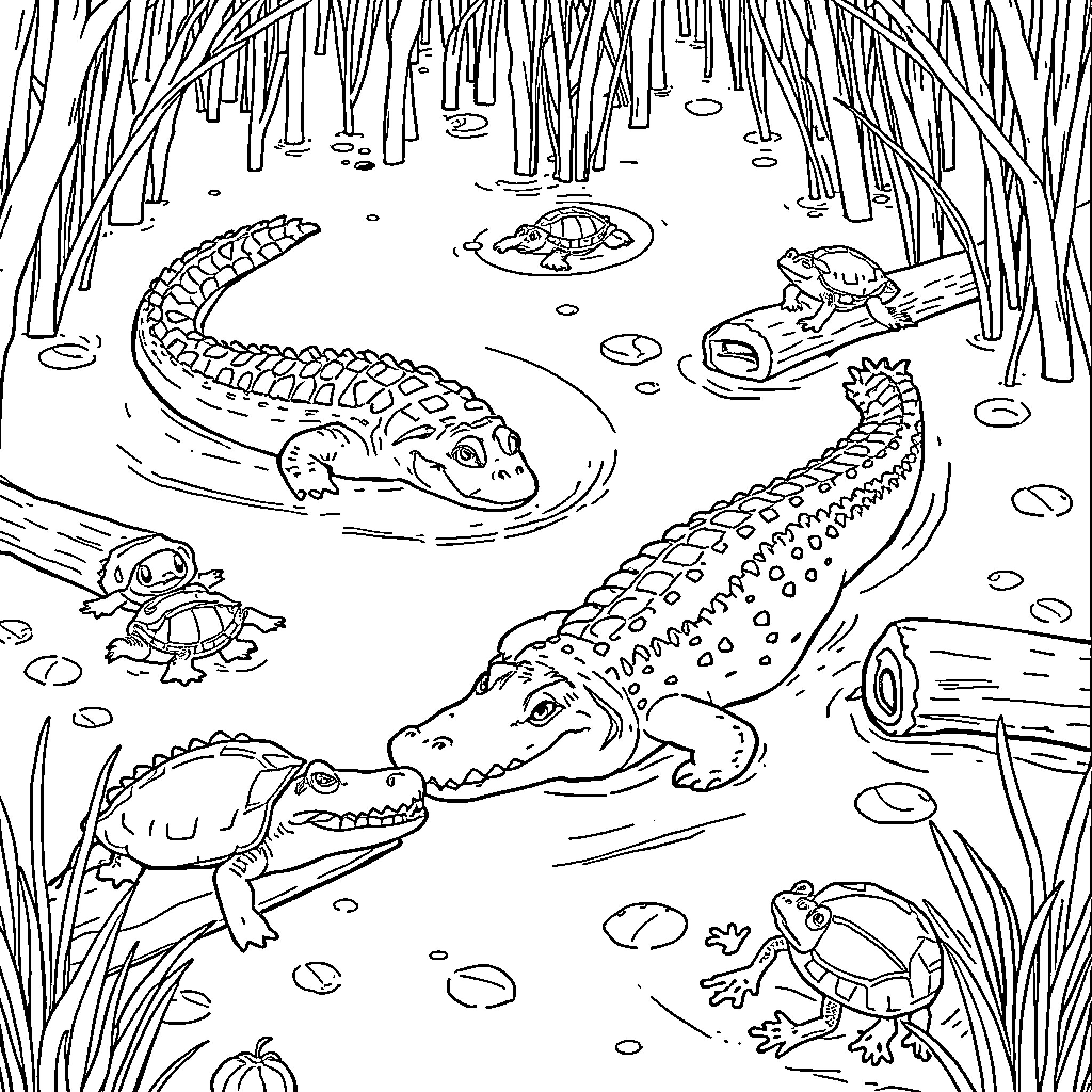 Alligators exploring the swampy habitat Coloring Page (free black-and-white line drawing printable PDF for all, from beginners to advanced learners, including children, teens, adults, and seniors)