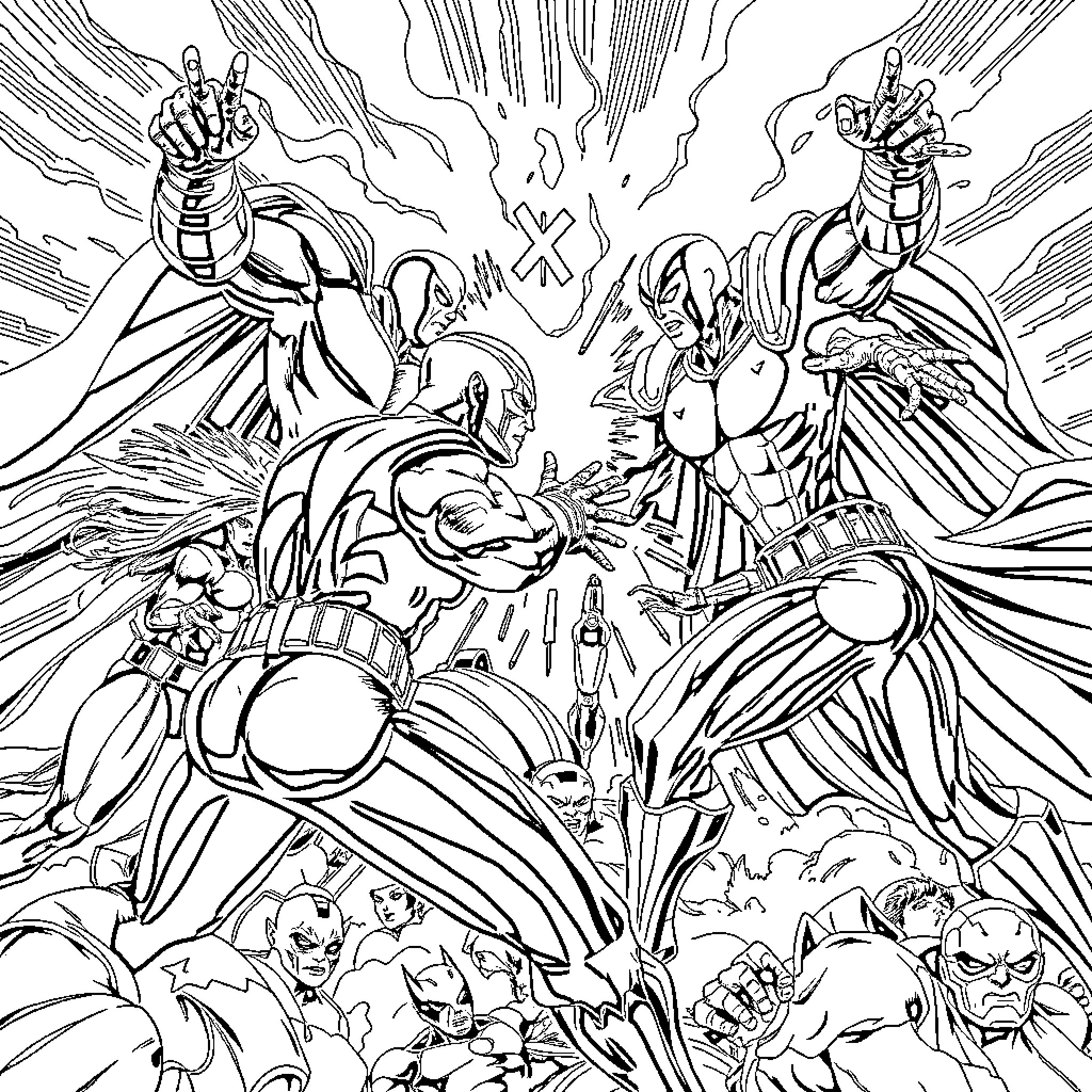 X-Men in Epic Battle of Heroes and Villains Coloring Page (free black-and-white line drawing printable PDF for all, from beginners to advanced learners, including children, teens, adults, and seniors)