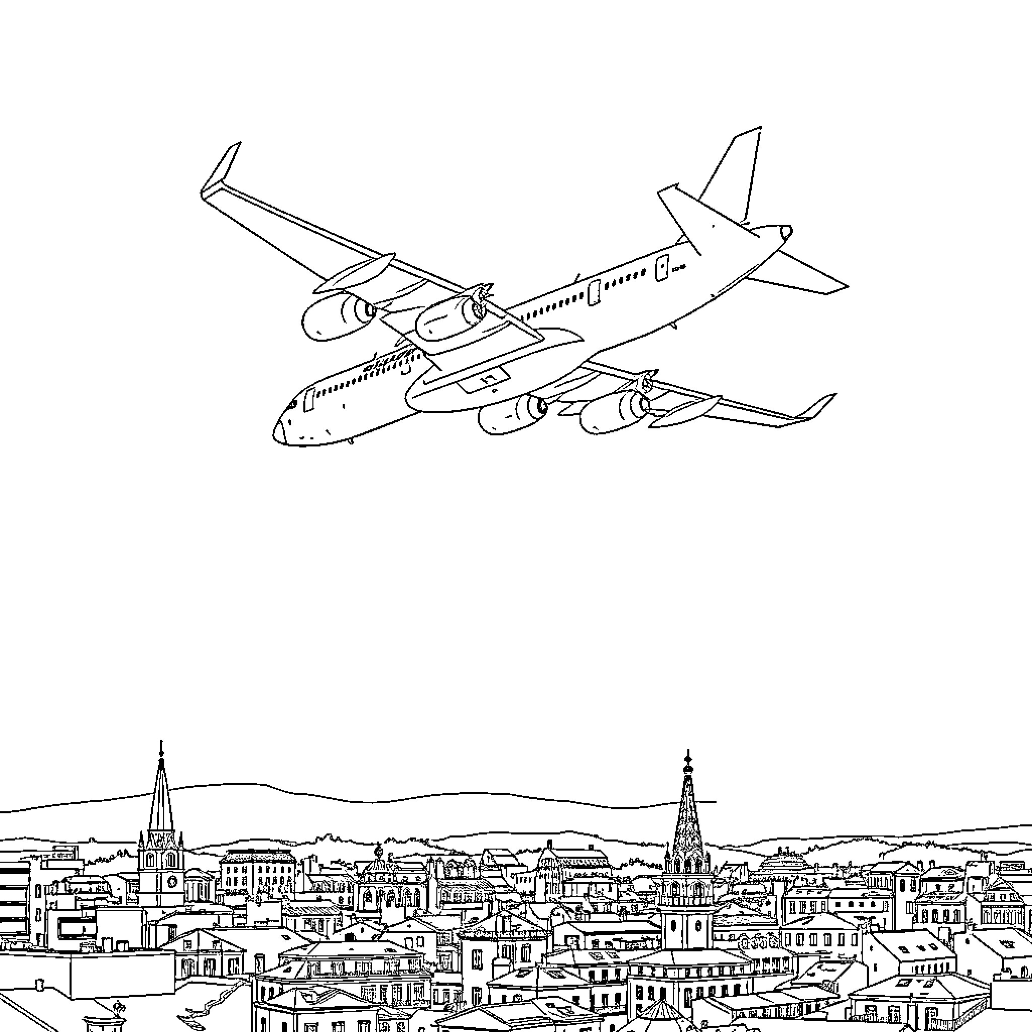 Avión sobrevolando la ciudad Coloring Page (free black-and-white line drawing printable PDF for all, from beginners to advanced learners, including children, teens, adults, and seniors)