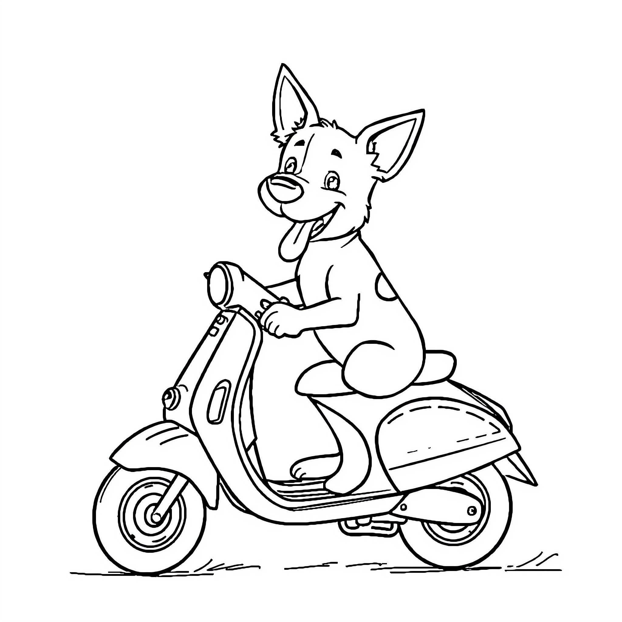 Dog riding scooter with enthusiasm Coloring Page (free black-and-white line drawing printable PDF for all, from beginners to advanced learners, including children, teens, adults, and seniors)