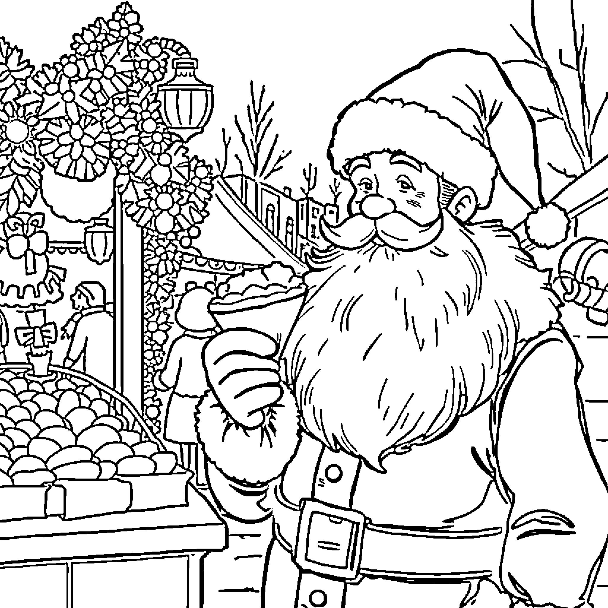 Santa Enjoying the Festive Outdoor Scene Coloring Page (free black-and-white line drawing printable PDF for all, from beginners to advanced learners, including children, teens, adults, and seniors)