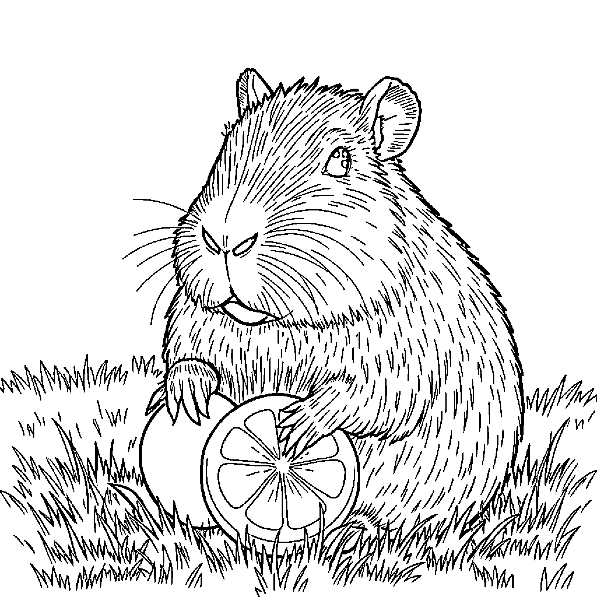 Capybara resting peacefully in the grass Coloring Page (free black-and-white line drawing printable PDF for all, from beginners to advanced learners, including children, teens, adults, and seniors)