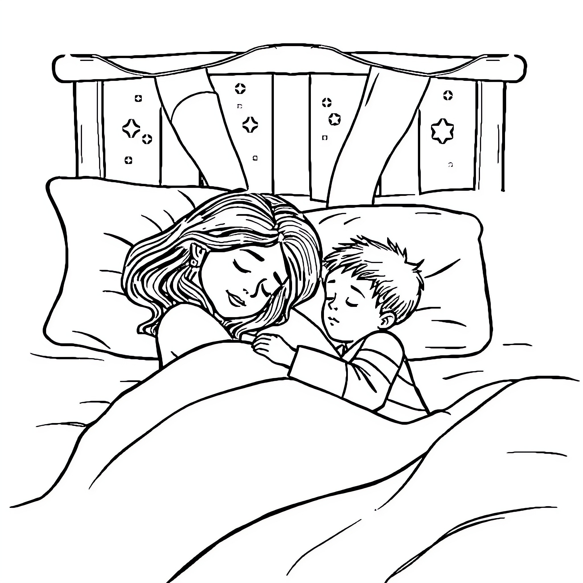 Mom cuddles child lovingly in bed Coloring Page (free black-and-white line drawing printable PDF for all, from beginners to advanced learners, including children, teens, adults, and seniors)